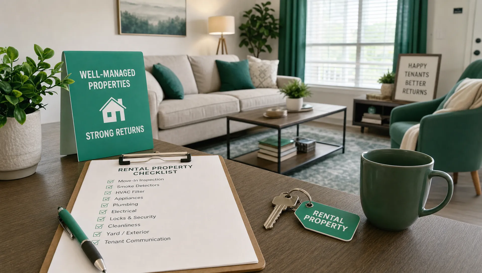 A furnished rental living room with a checklist, labeled keys and a tidy table shows careful management aimed at protecting returns.