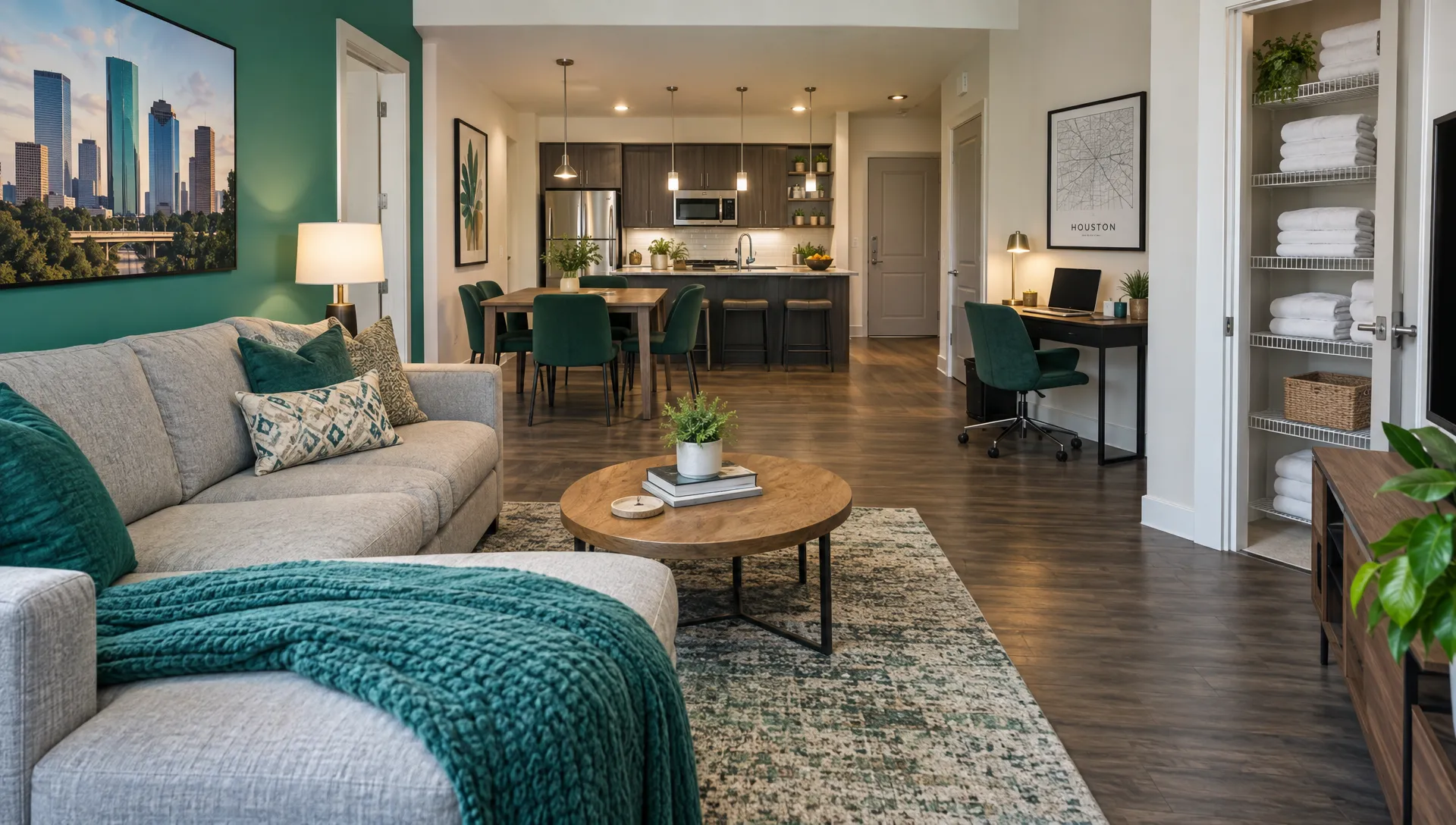 A furnished Houston rental’s living room opens onto a dining table and stocked kitchen, with a practical work nook and organized linens ready for an extended stay.