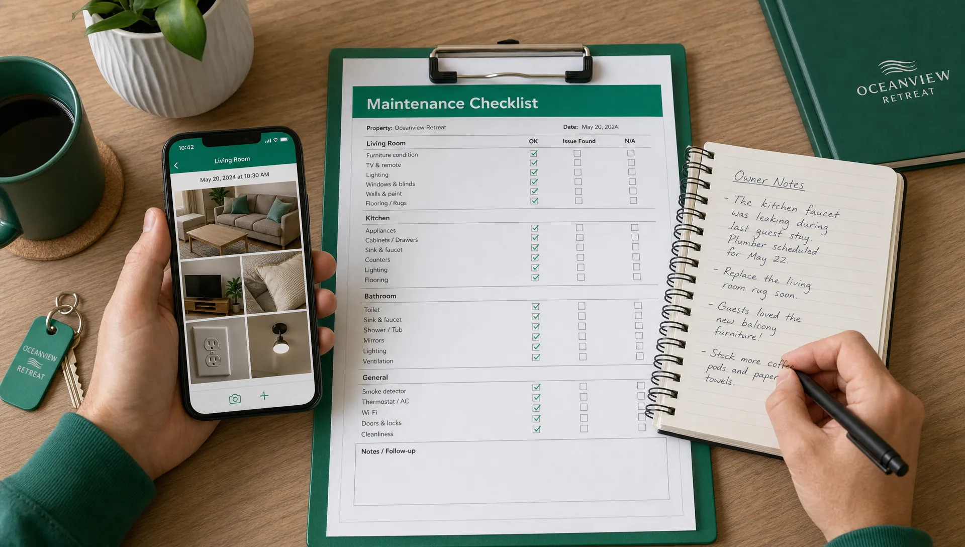 Hands reviewing a maintenance checklist, inspection photos and owner notes on a desk for a mid-term rental.