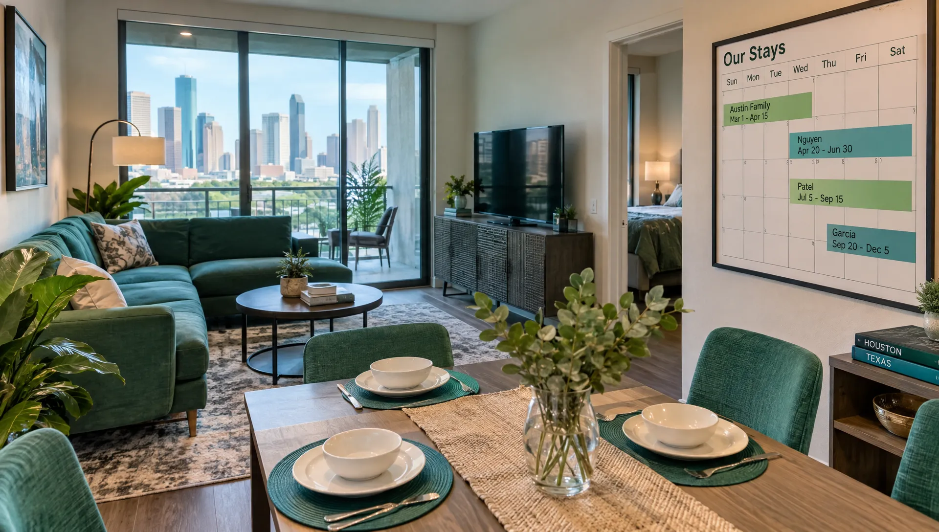 A Houston furnished rental living room with durable seating, a dining area and a calendar marked with several multi-month stays.