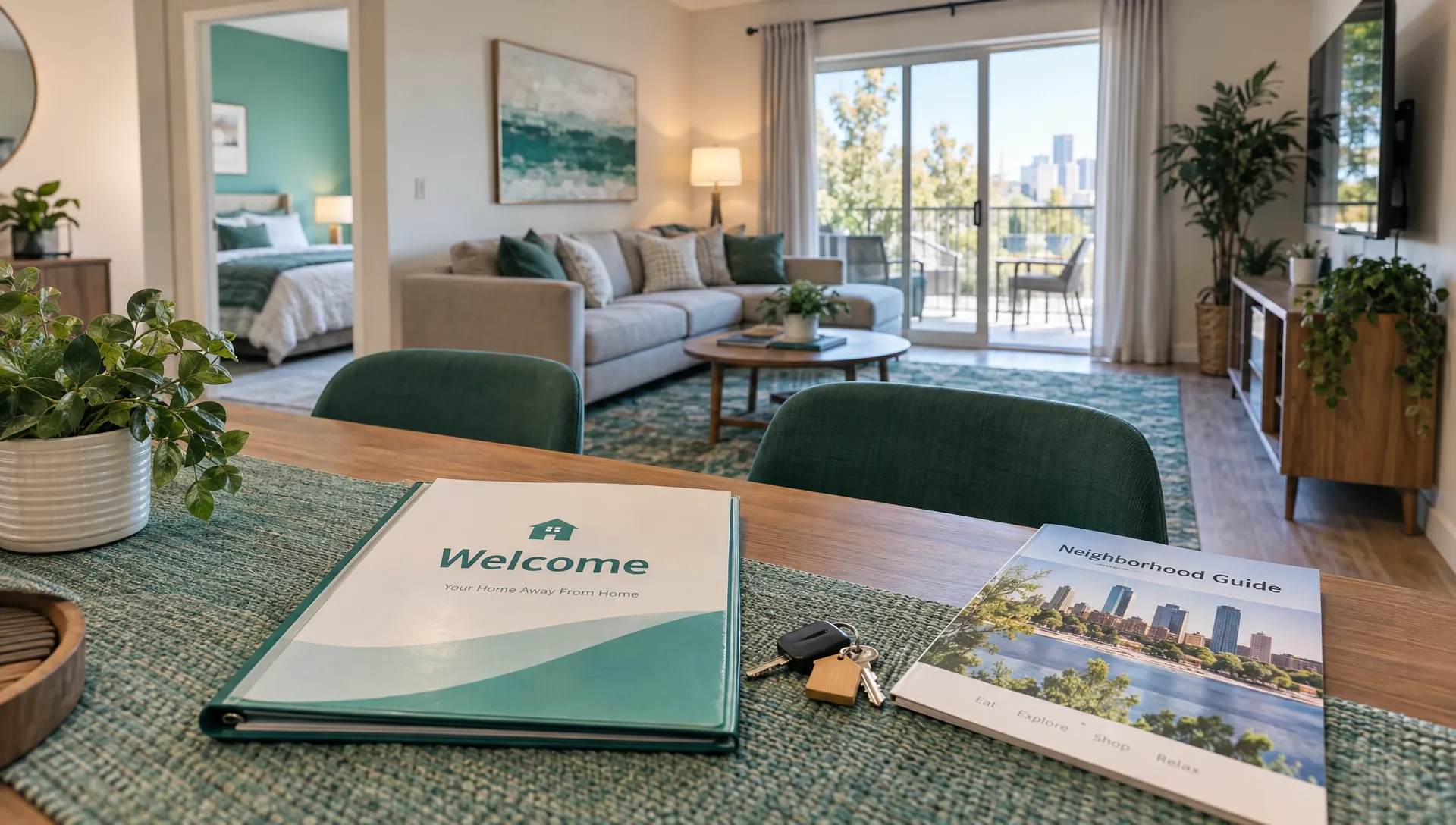 A furnished rental living room opens onto a dining area, where a welcome binder, keys and neighborhood guide are ready for a mid-term resident.