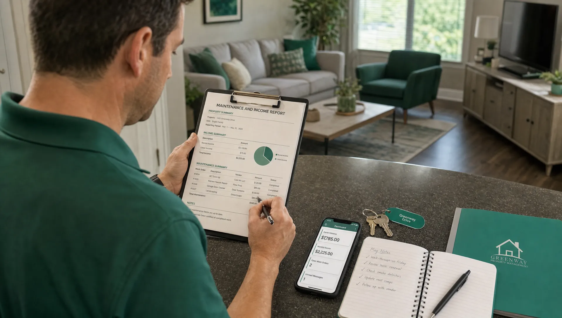Over-the-shoulder landscape view of a manager marking up a maintenance and income report on a clipboard while standing beside a kitchen counter, with a phone, key ring, and open notebook nearby and the furnished living room receding behind; the scene feels like active reporting work inside a real home, eye-level.