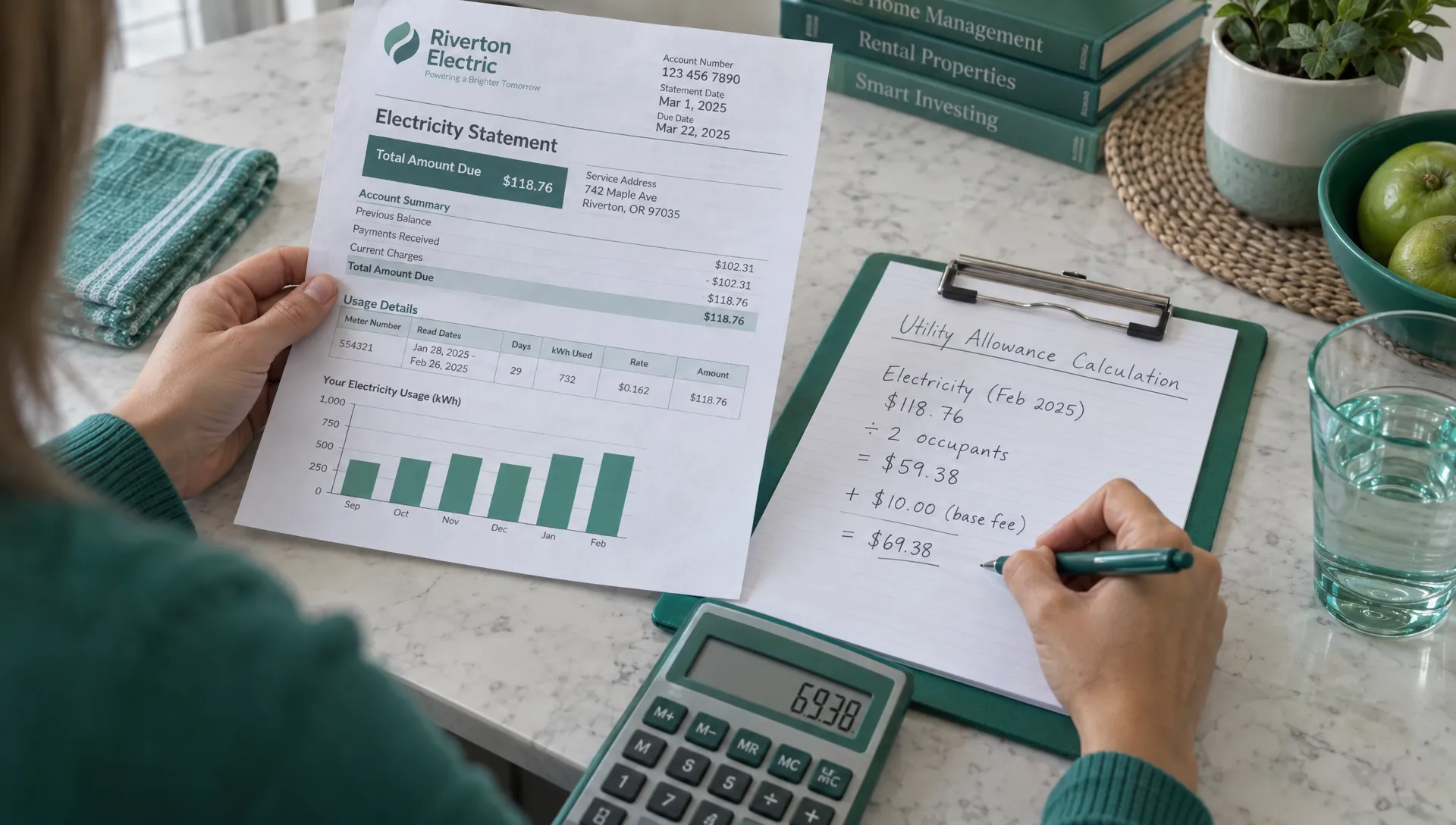 A property manager checks an electricity statement against an allowance calculation for Airbnb medium term rentals.