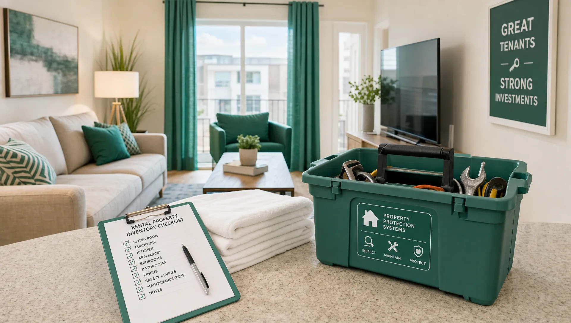 A furnished rental living room with clean linens, an inventory checklist and a maintenance toolbox, showing the systems that protect an investment.