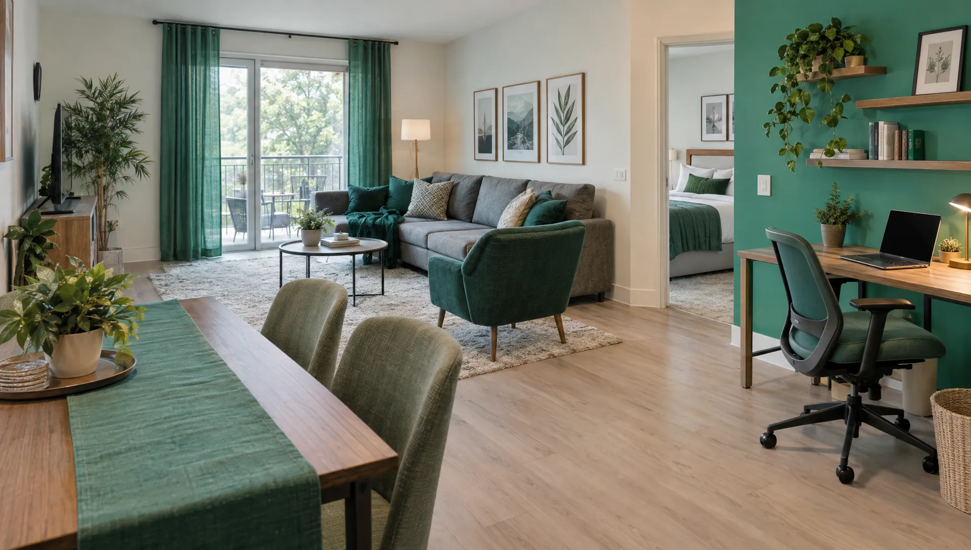 A furnished rental’s living room, dining table, and separate desk with a supportive chair are arranged with clear paths between spaces.