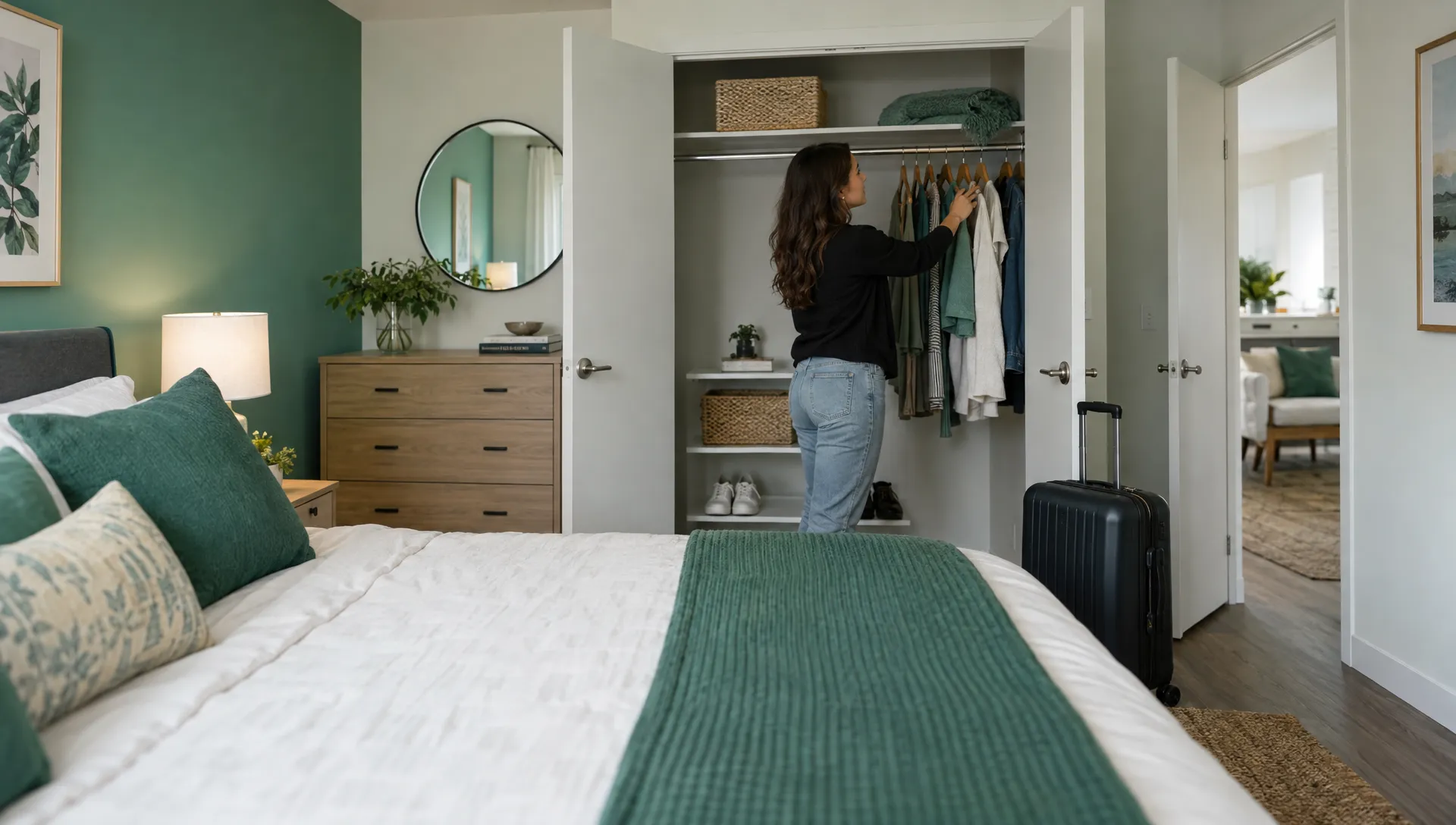 A renter checks the closet beside a suitcase in a furnished bedroom, assessing storage for a longer stay.