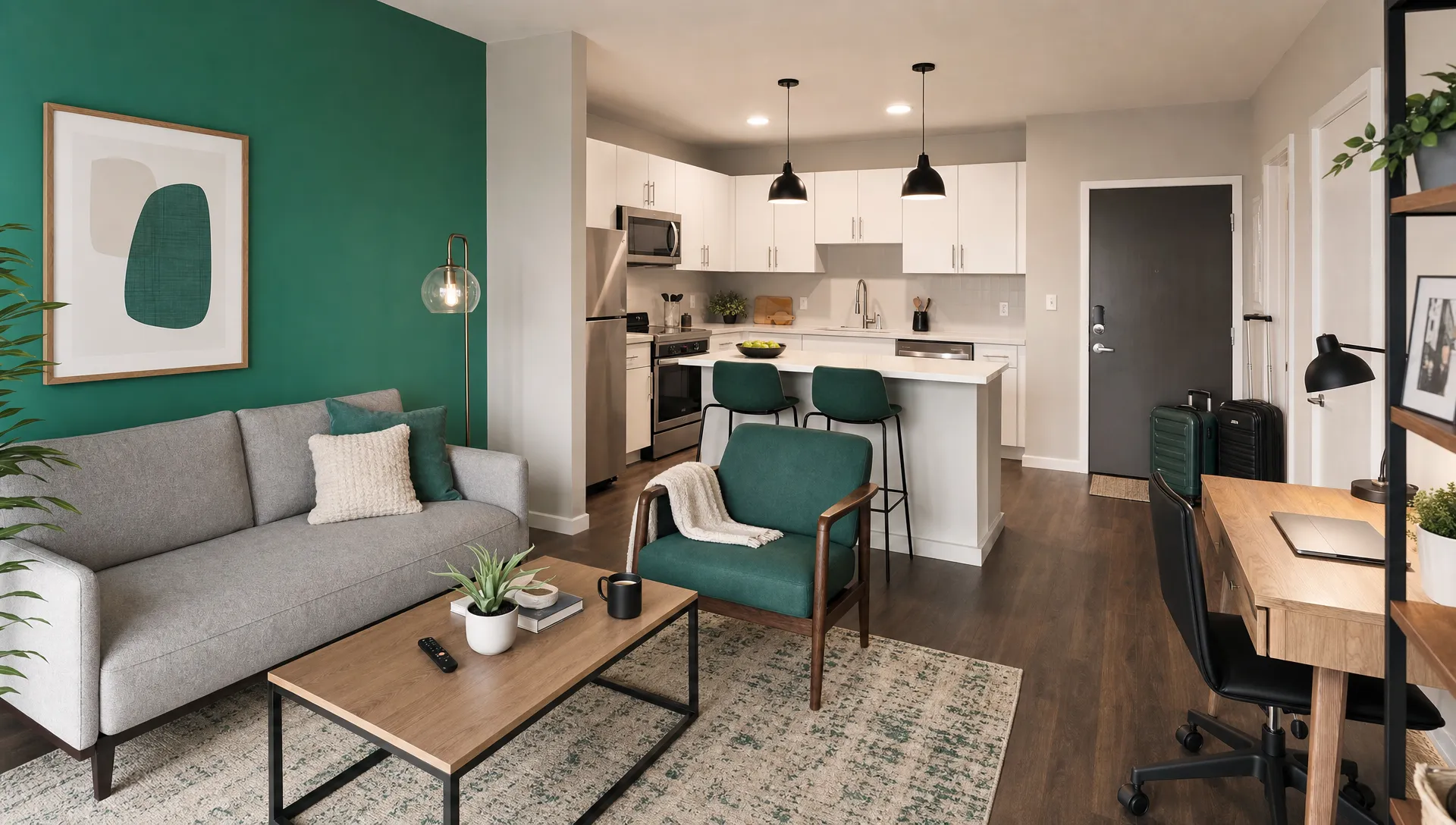 A furnished rental living room shows a workspace, luggage by the entry and a clean kitchen in the background.