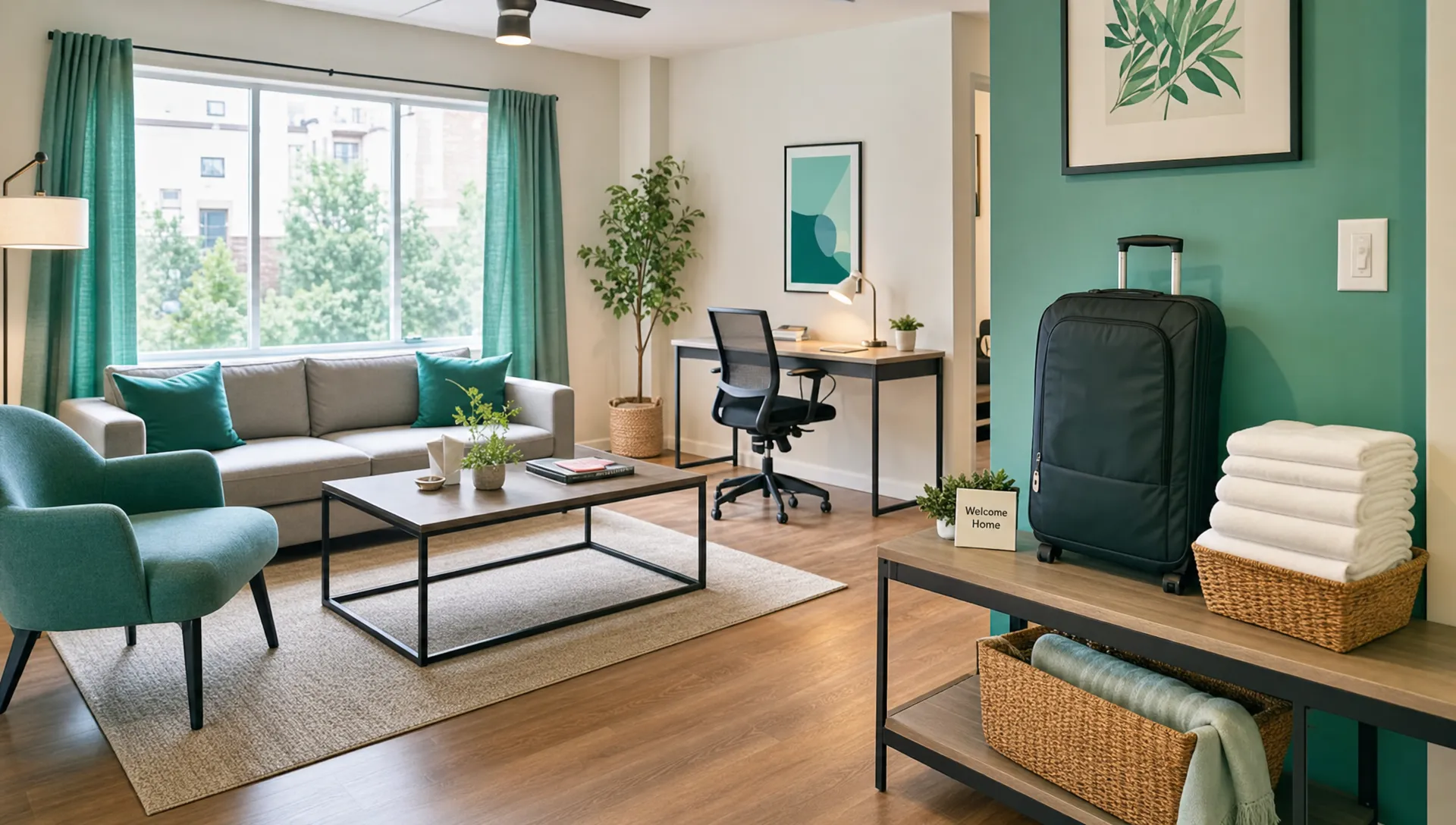 A furnished living room with a seating area, workspace, luggage bench and fresh linens ready for a mid-term guest.