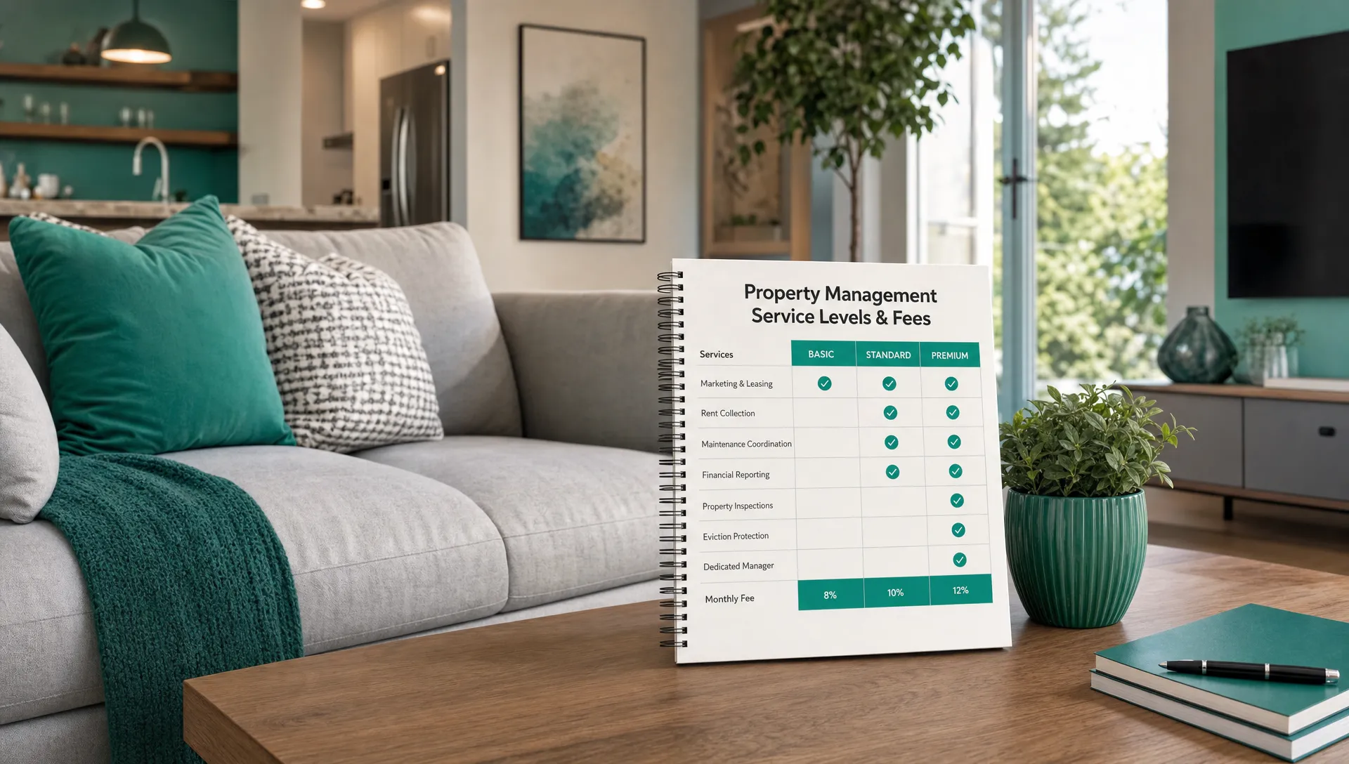 A furnished living room with a notebook on the coffee table comparing property management service levels and fees.