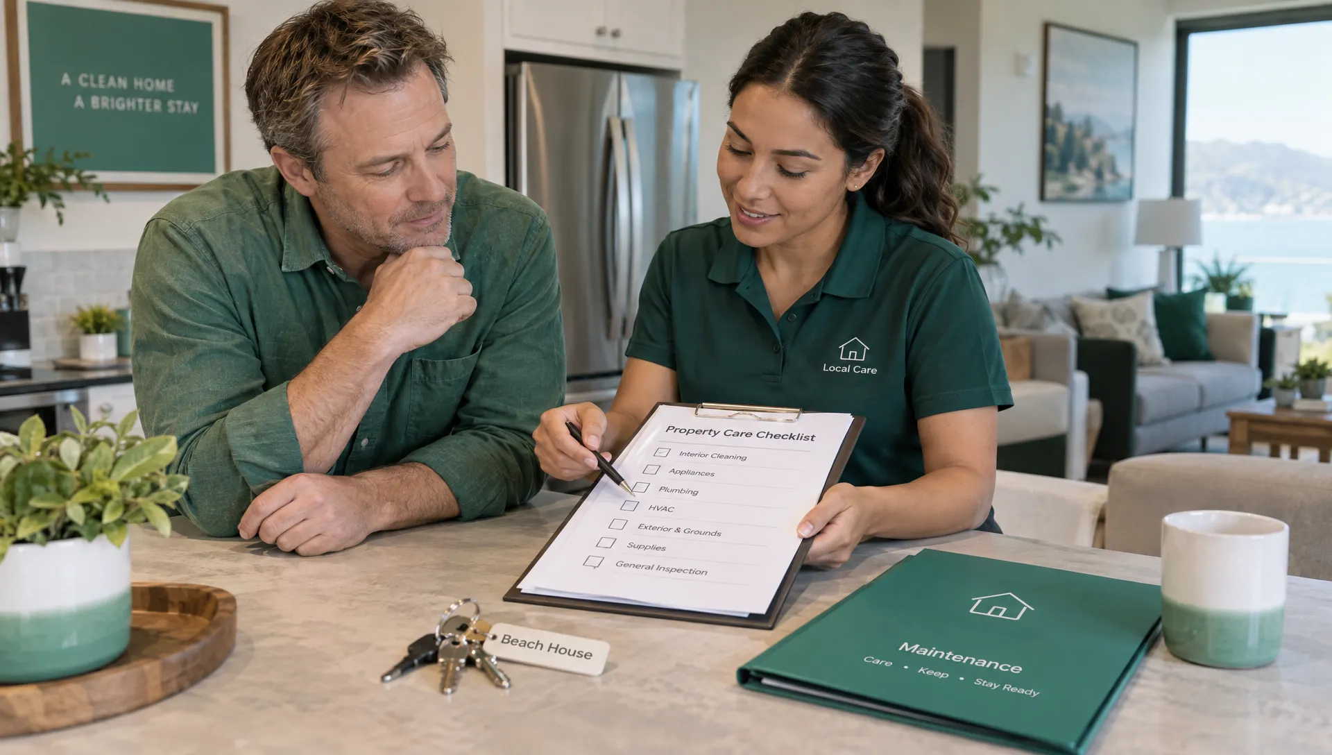 An owner and local contact review a property-care checklist at a furnished rental's kitchen counter, with labeled keys and a maintenance folder nearby.