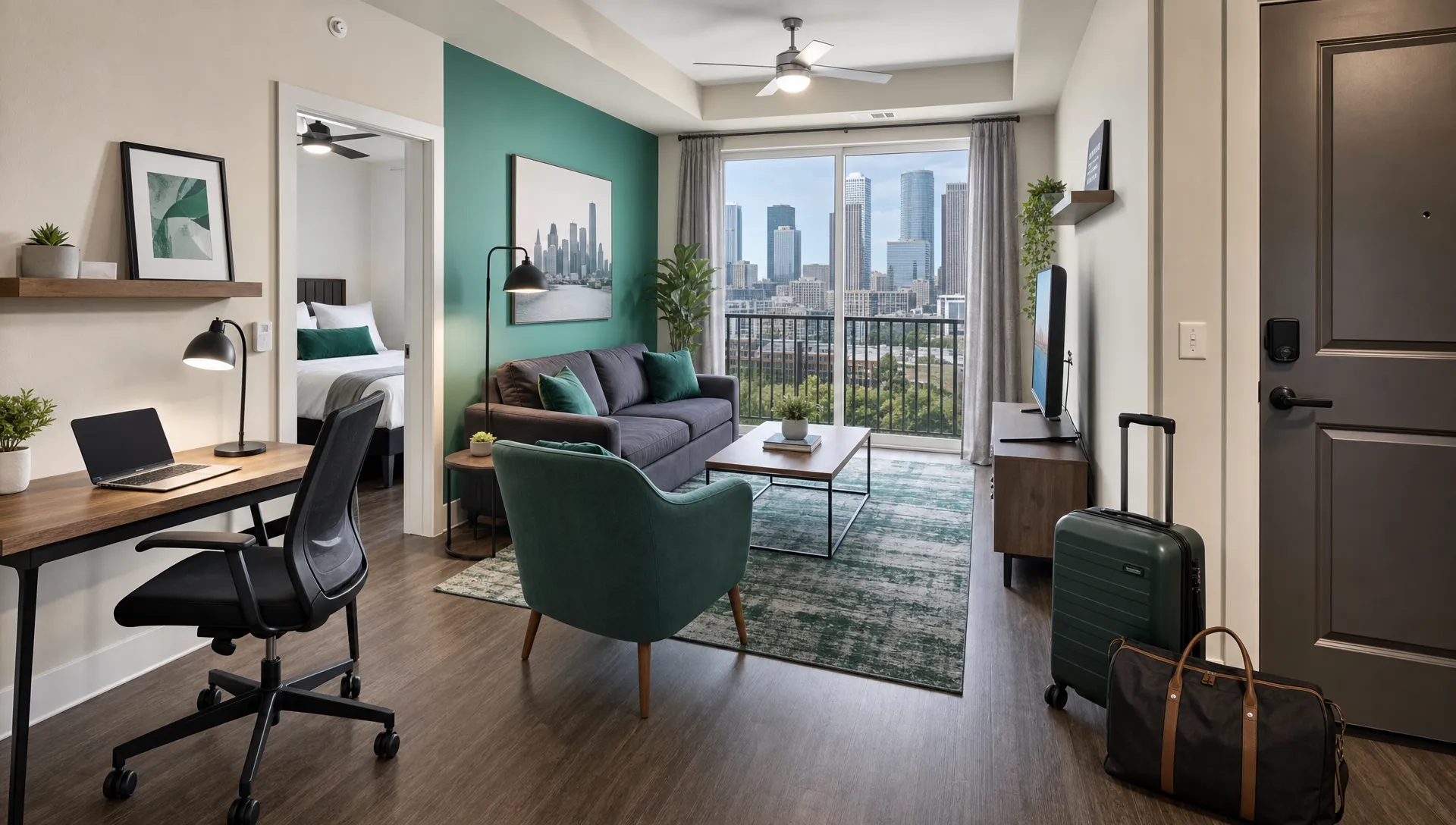 A furnished Houston living room includes a workspace, comfortable seating and luggage near the entry for a mid-term stay.