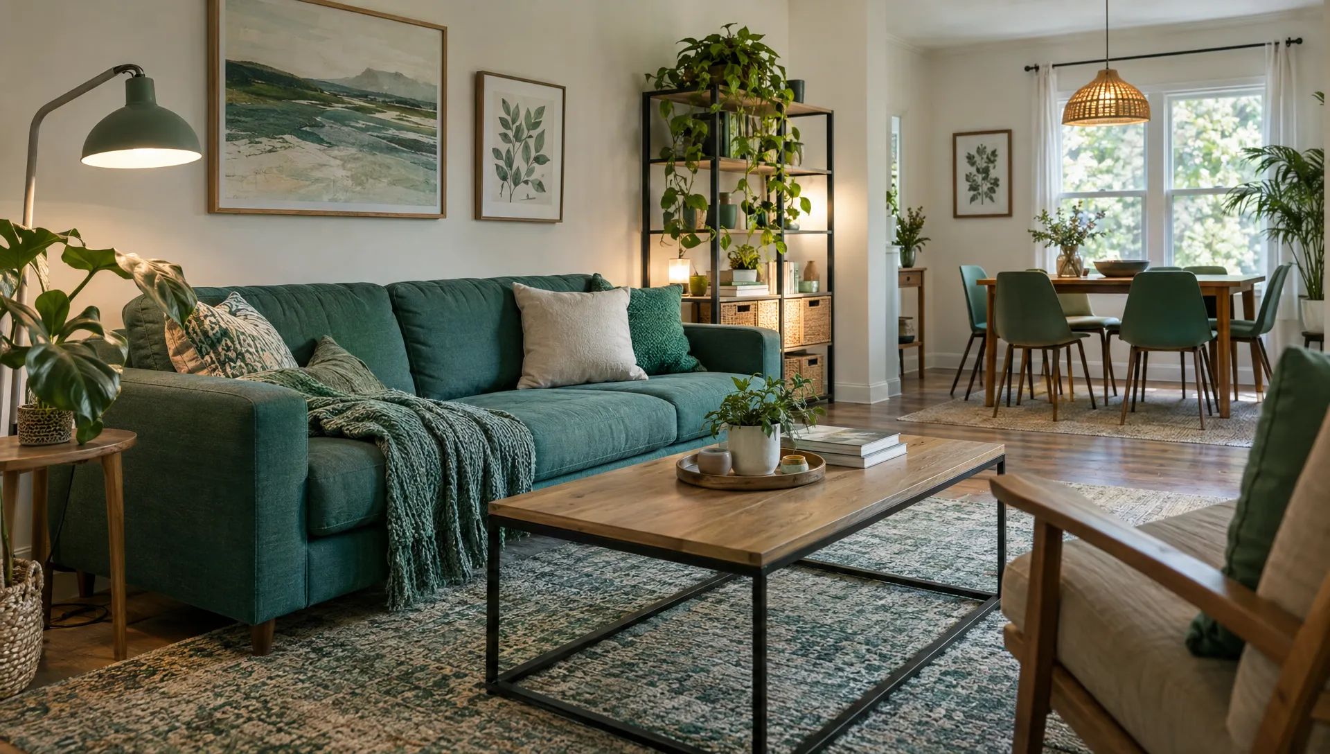 A furnished inherited home's living room has a sofa, dining table, reading lamp and clear storage ready for a longer tenant stay.