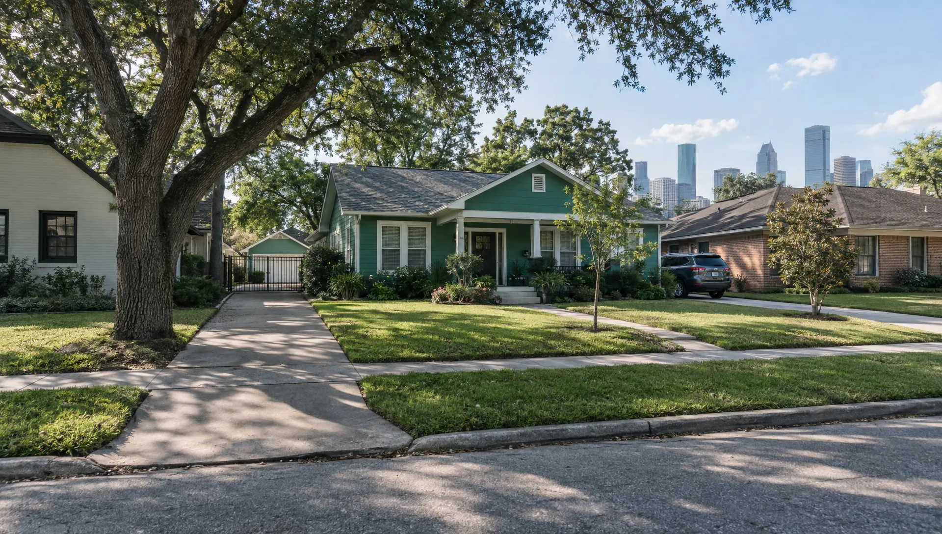 An inherited Houston home sits among neighboring houses as its owners consider a mid-term rental.