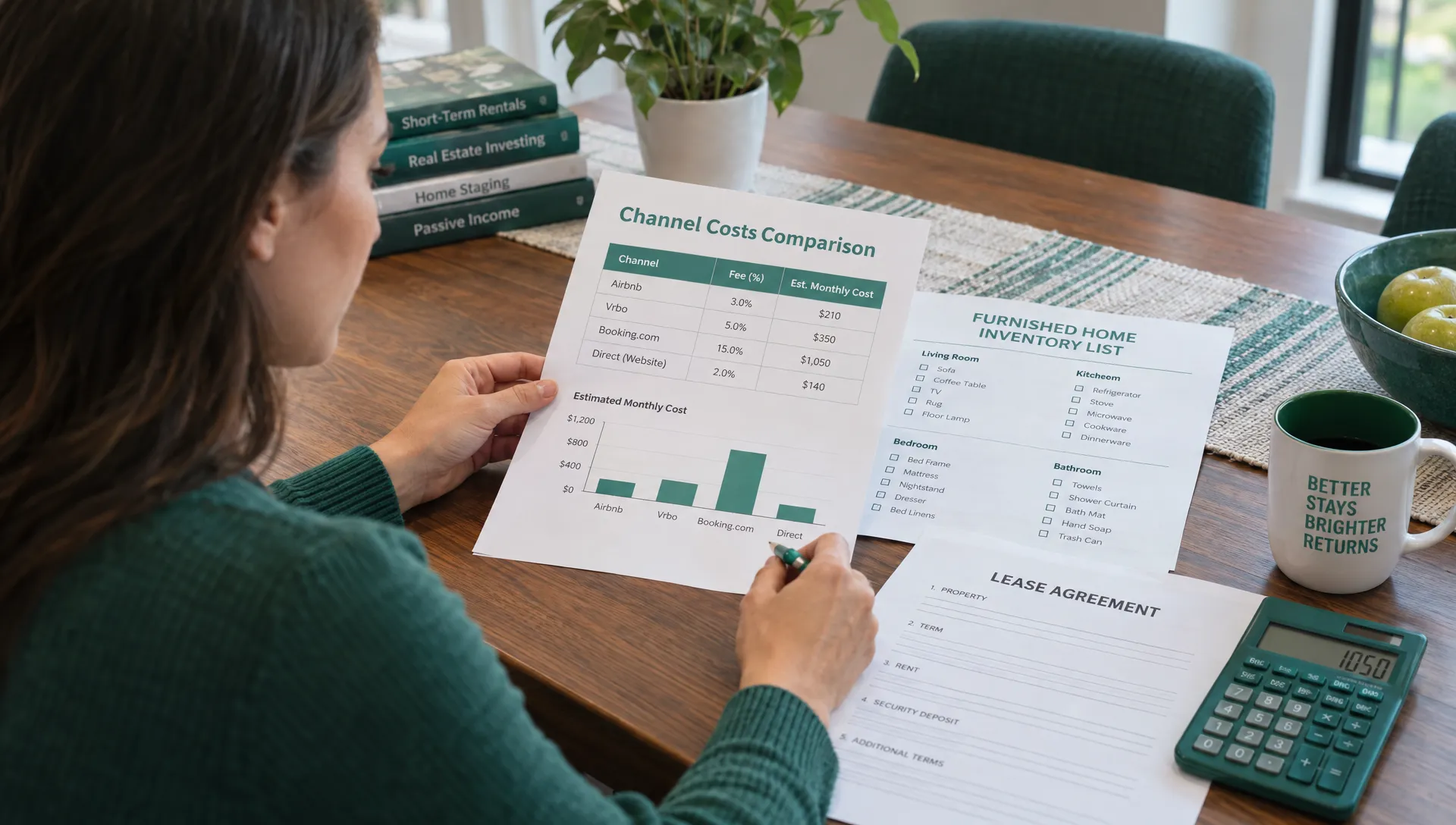 A rental owner compares channel costs on a worksheet beside a furnished-home inventory list, sample lease, and calculator on a dining table.
