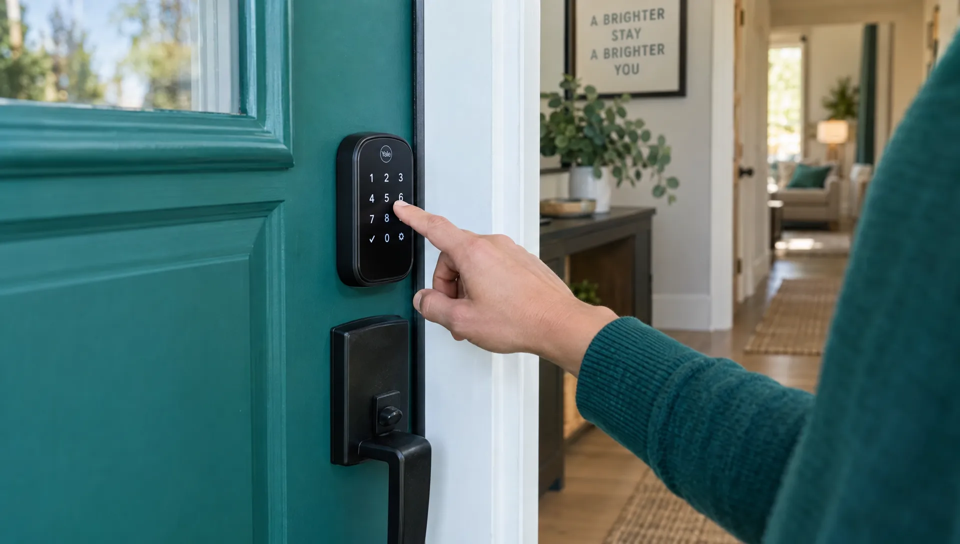 An owner enters an access code on a furnished rental’s door keypad, a practical detail when preparing a home for mid-term renters.
