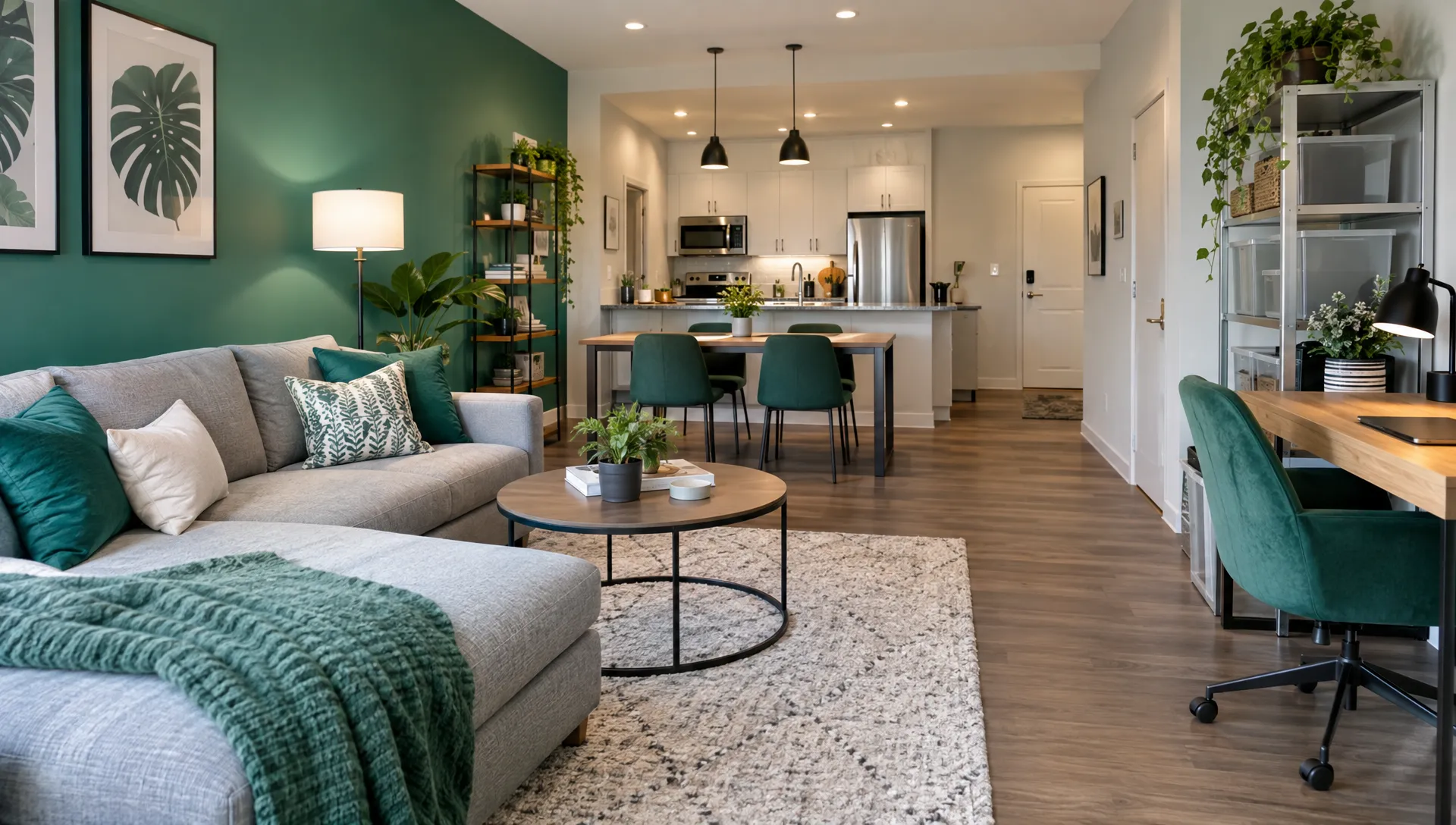 A furnished rental’s living area opens onto a dining table and equipped kitchen, with a desk and clear storage ready for a longer-stay tenant.