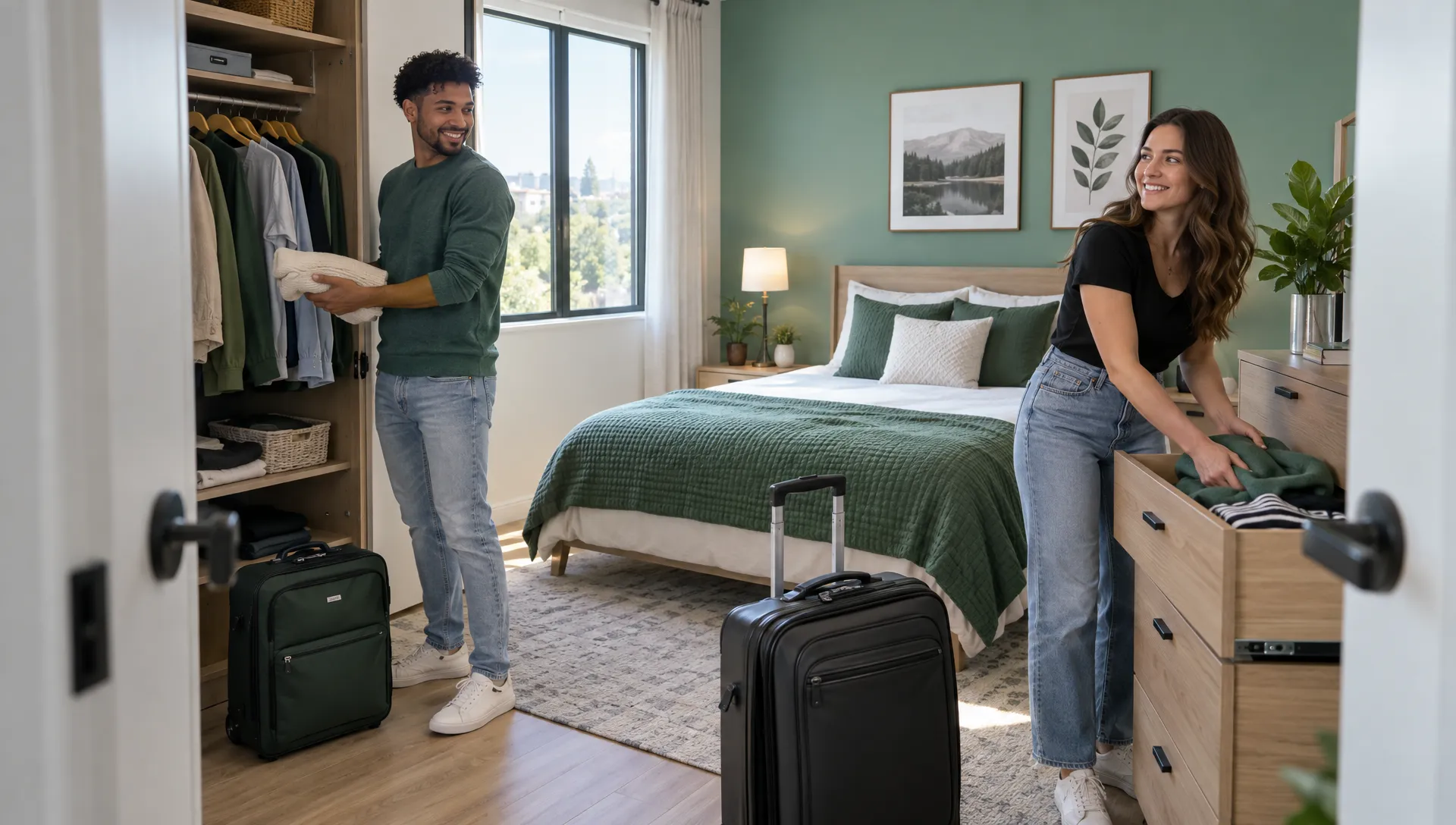 Medium landscape scene viewed from just outside a furnished rental bedroom, where two adult housemates unpack clothing into an open wardrobe and dresser after arriving for a longer stay; their full faces and upper bodies are visible, with luggage, neatly made beds and the room’s usable storage in view.