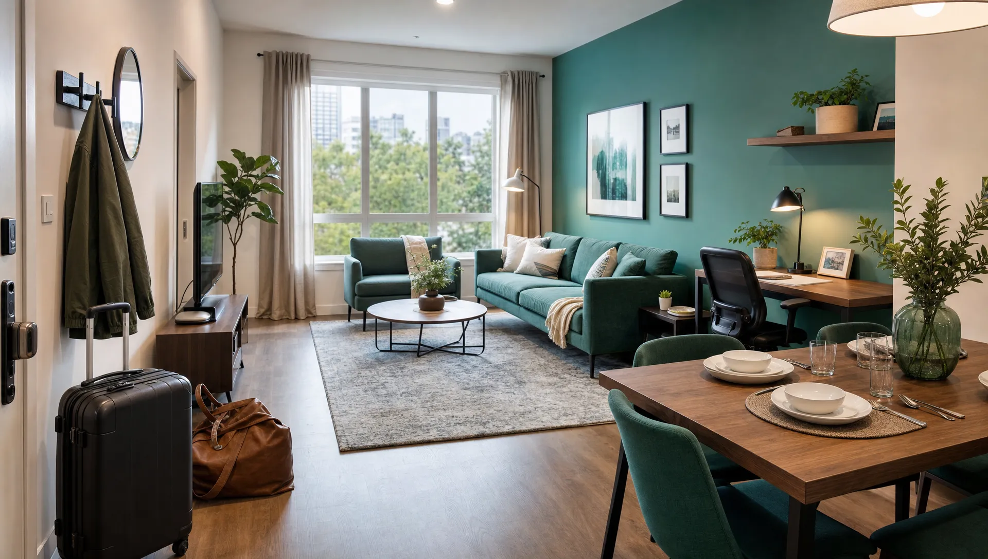 A well-kept furnished living room and workspace prepared for six-month guests, with comfortable seating, a dining area, luggage near the entry and natural light through the windows.