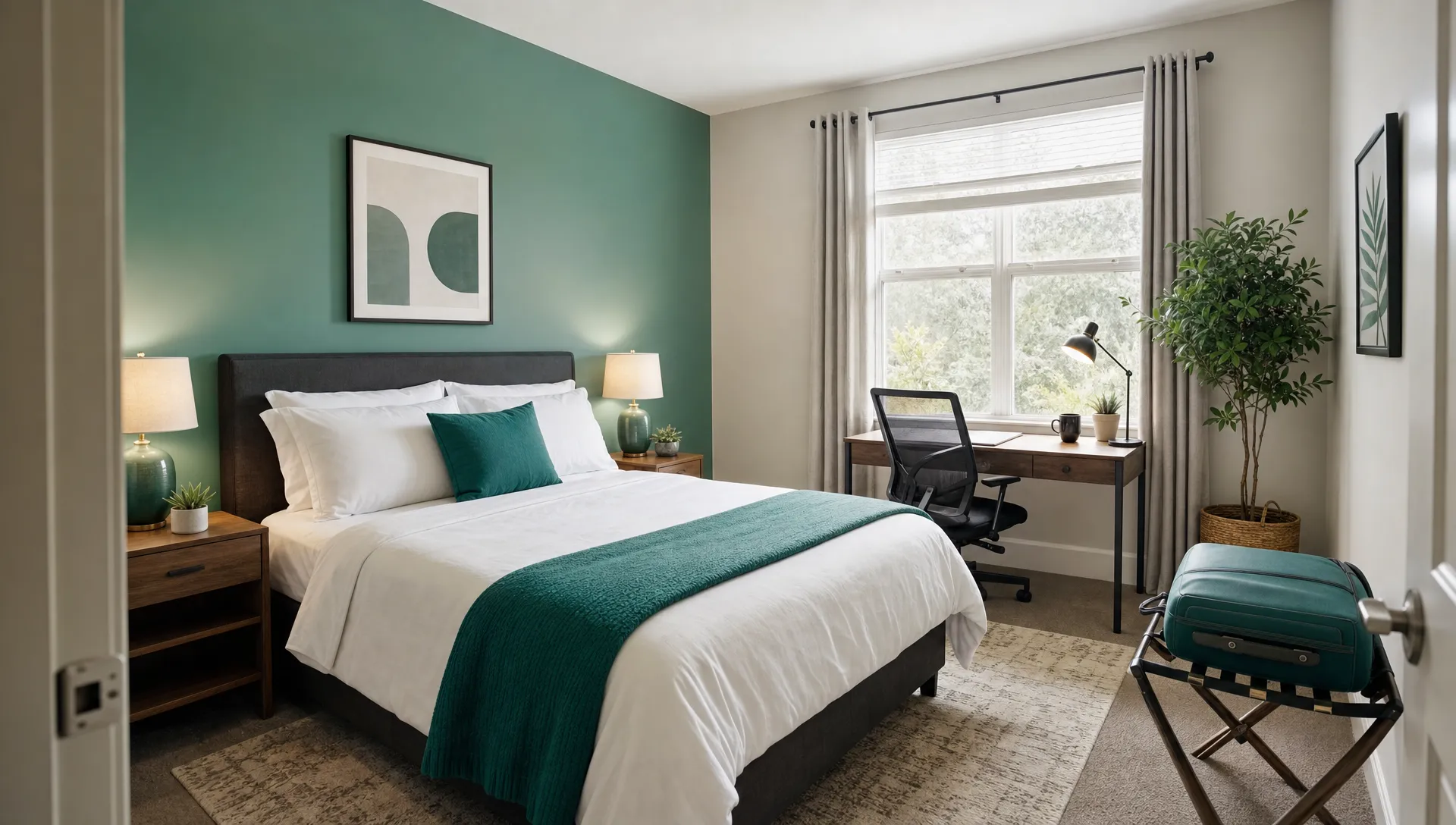 A furnished rental bedroom prepared for a month-long stay with clean linens, a luggage stand and a desk by the window.