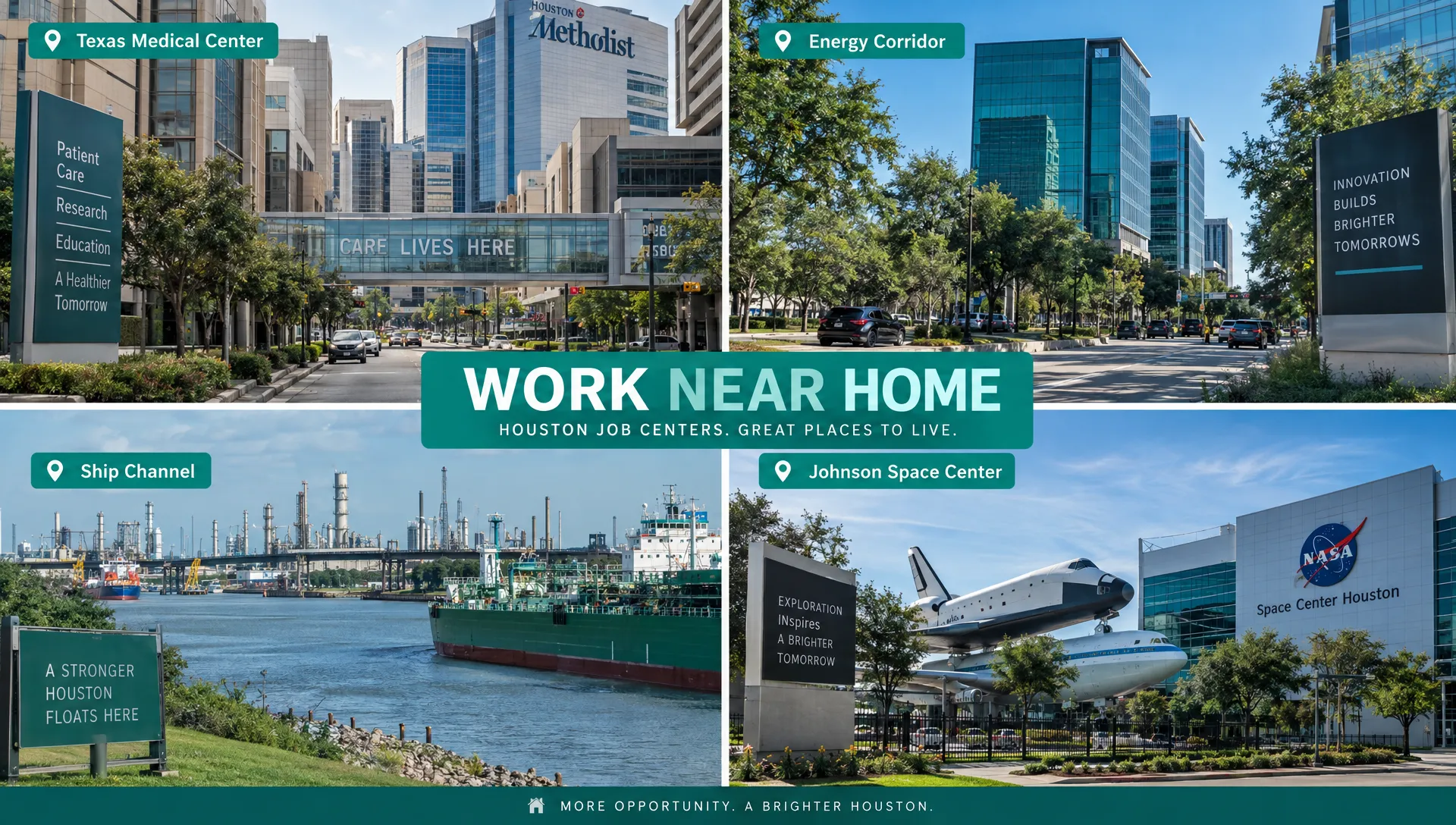 A street-level view of Houston’s Texas Medical Center, Energy Corridor, Ship Channel and Johnson Space Center areas highlights how workplace locations relate to nearby rental neighborhoods.