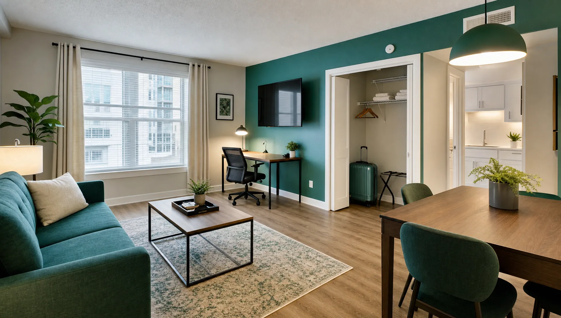 A clean furnished living room with a sofa, work desk, dining table and luggage space prepared for a month-to-month Airbnb guest.