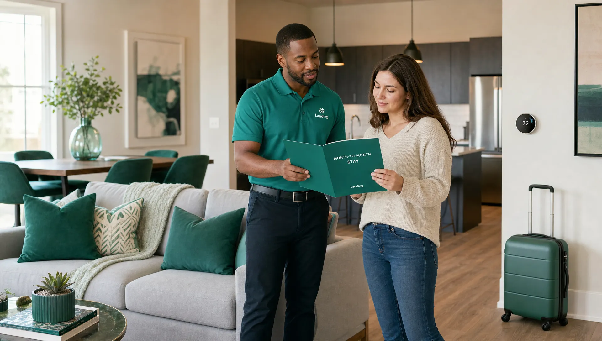 Medium landscape scene in a bright furnished living room where a relocating professional and a landlord stand near the sofa discussing a month-to-month stay folder, with a suitcase by the wall, a dining table behind them, and the open-plan home visible in the background; eye-level, realistic and calm.