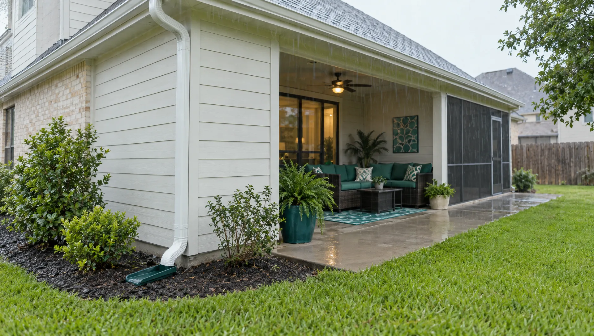 A furnished Houston rental has clear gutters and a downspout carrying rainwater away from the foundation, with patio furniture stored inside an enclosure.