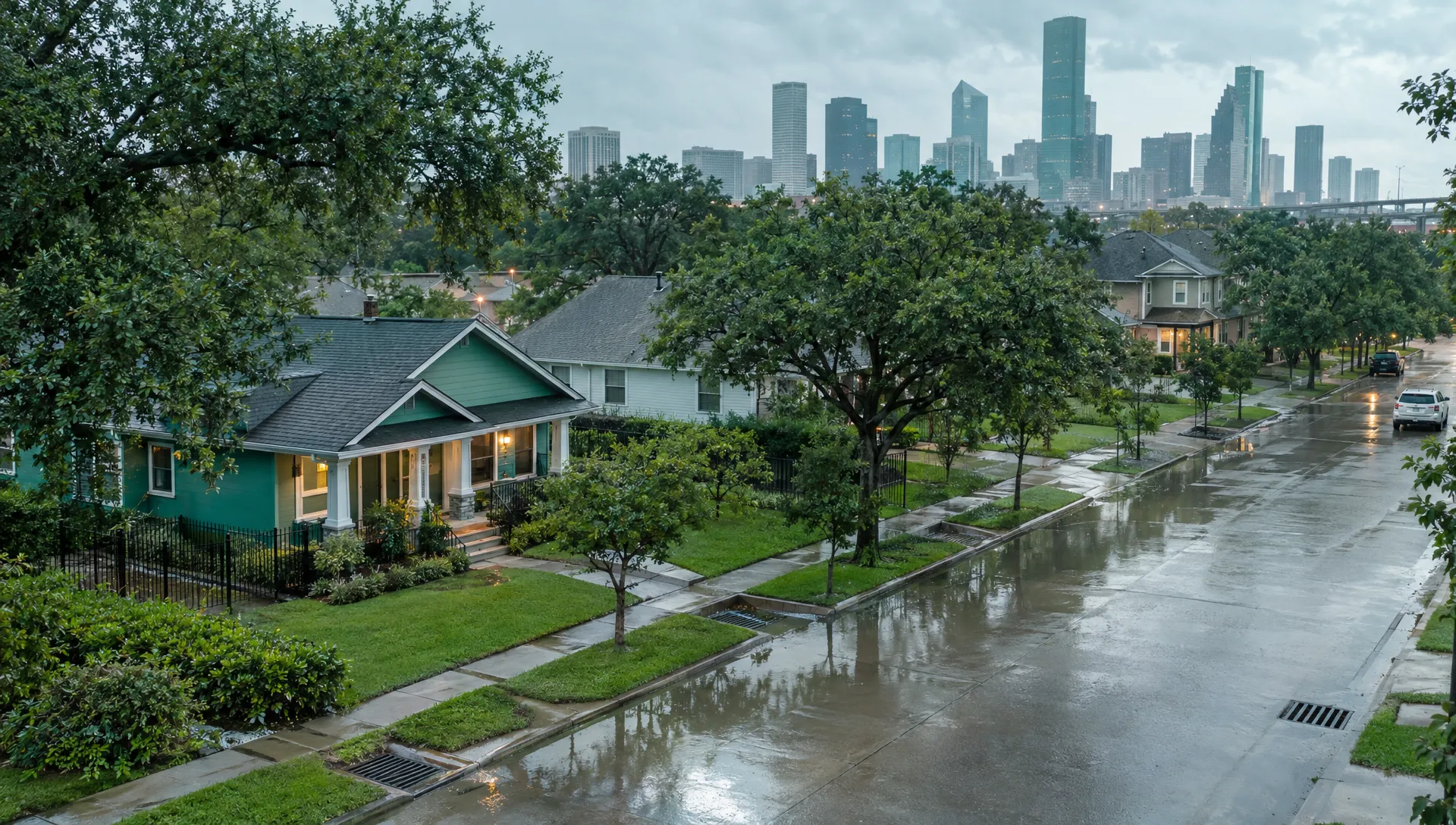 A Houston residential street shows storm drains and pooled rainwater near rental homes, highlighting the need to assess flood exposure.