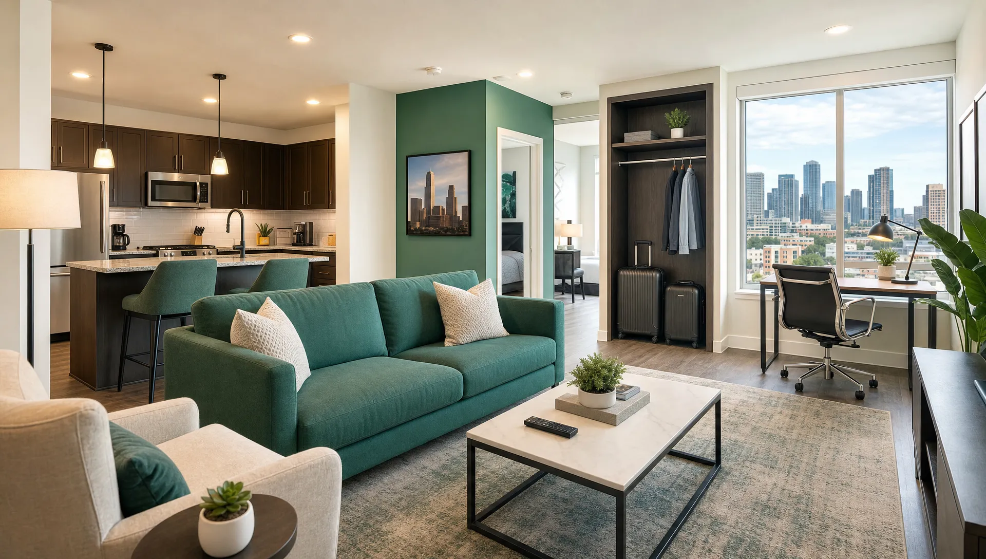 A furnished Houston living room shows comfortable seating, a workspace, luggage storage and a kitchen nearby for mid-term guests.