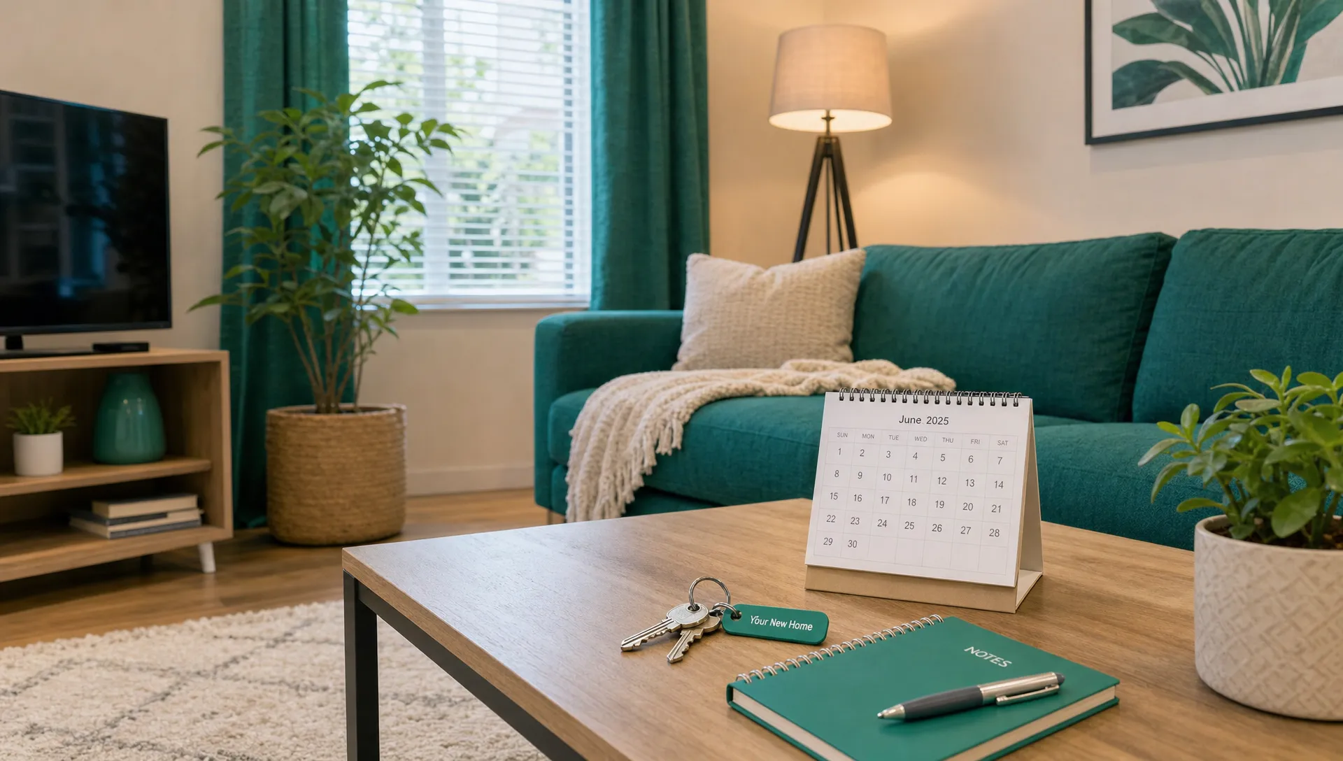 A furnished rental living room shows a calendar, key and notebook on the coffee table.