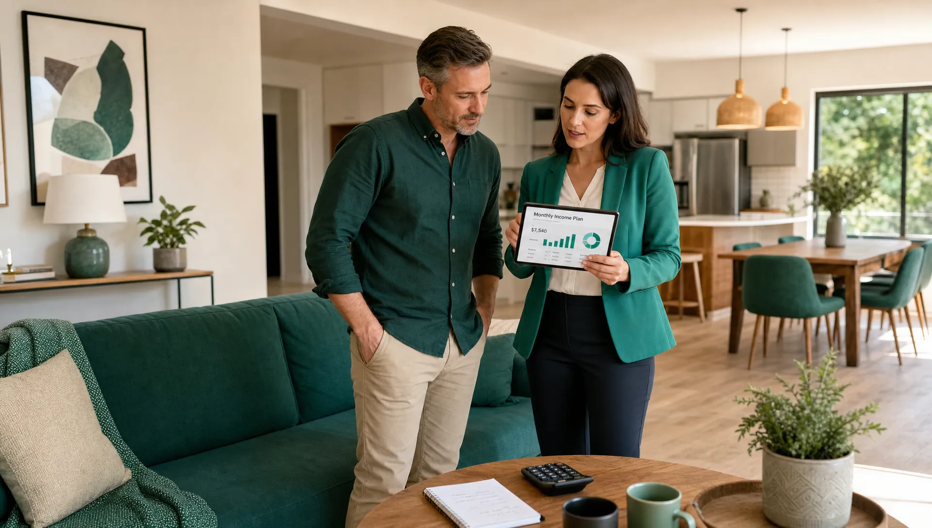 Medium landscape scene in a furnished rental living room where a property owner and a property manager stand near the sofa reviewing a monthly income plan on a tablet, with a notebook, calculator and coffee table in view and the open-plan home behind them; eye-level, grounded in a real interior.