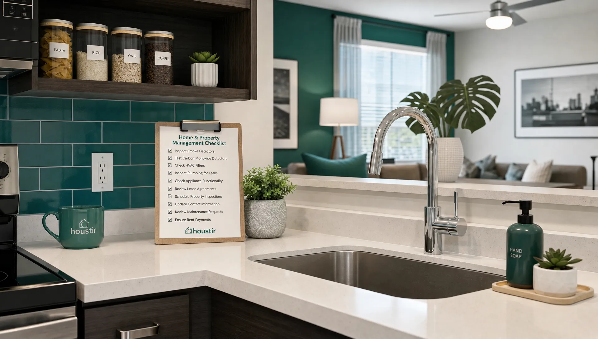 A furnished Houston rental kitchen with clean counters, labeled storage and a home and property management checklist beside the sink.