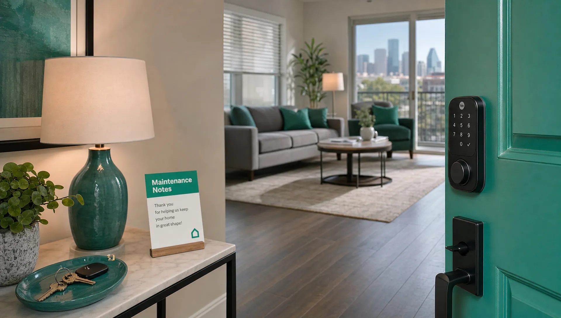 A furnished Houston rental entry area with a smart lock, house keys and maintenance notes on a small table.