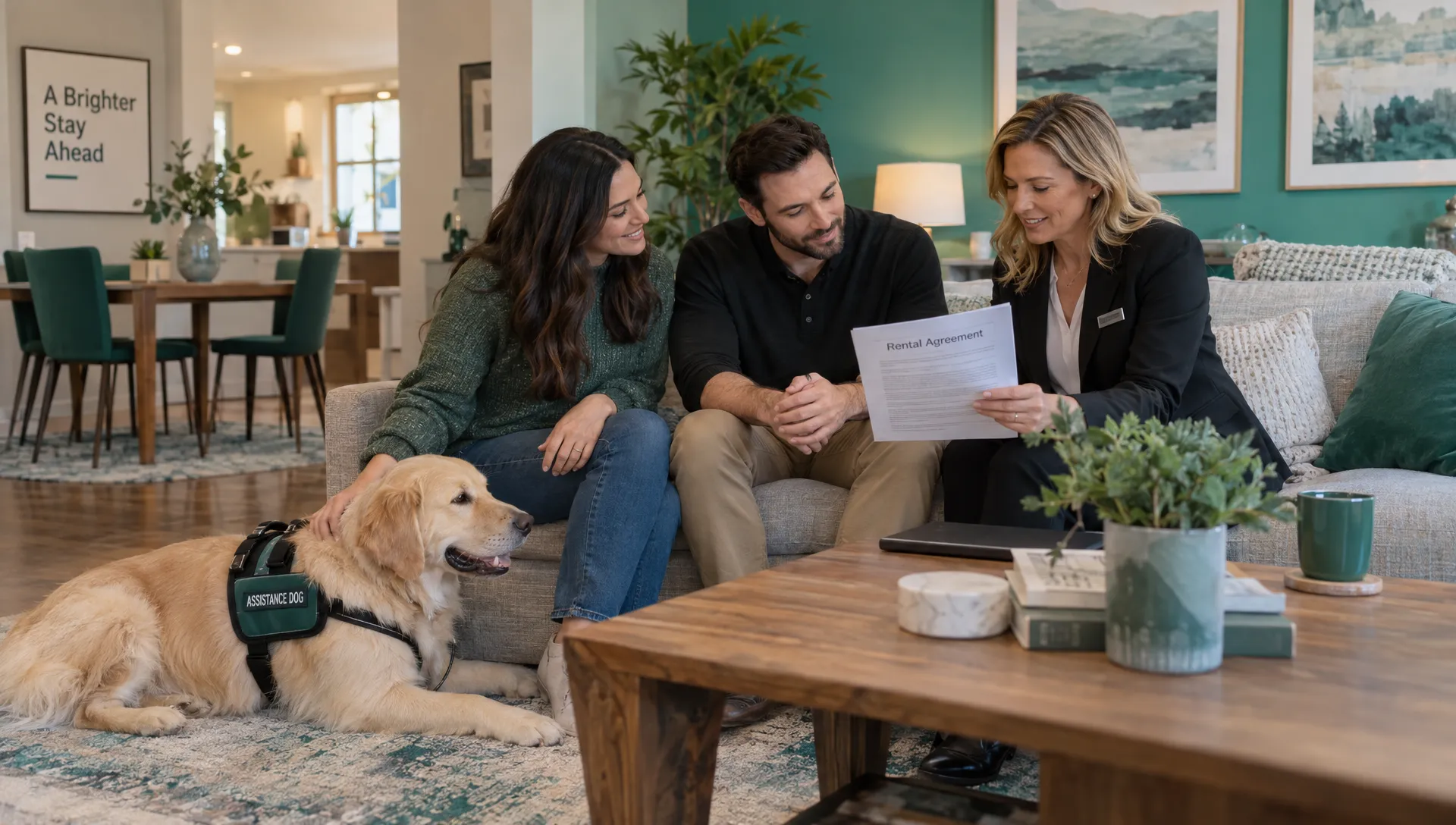 A property manager and residents discuss a furnished rental agreement as an assistance dog rests beside a resident.