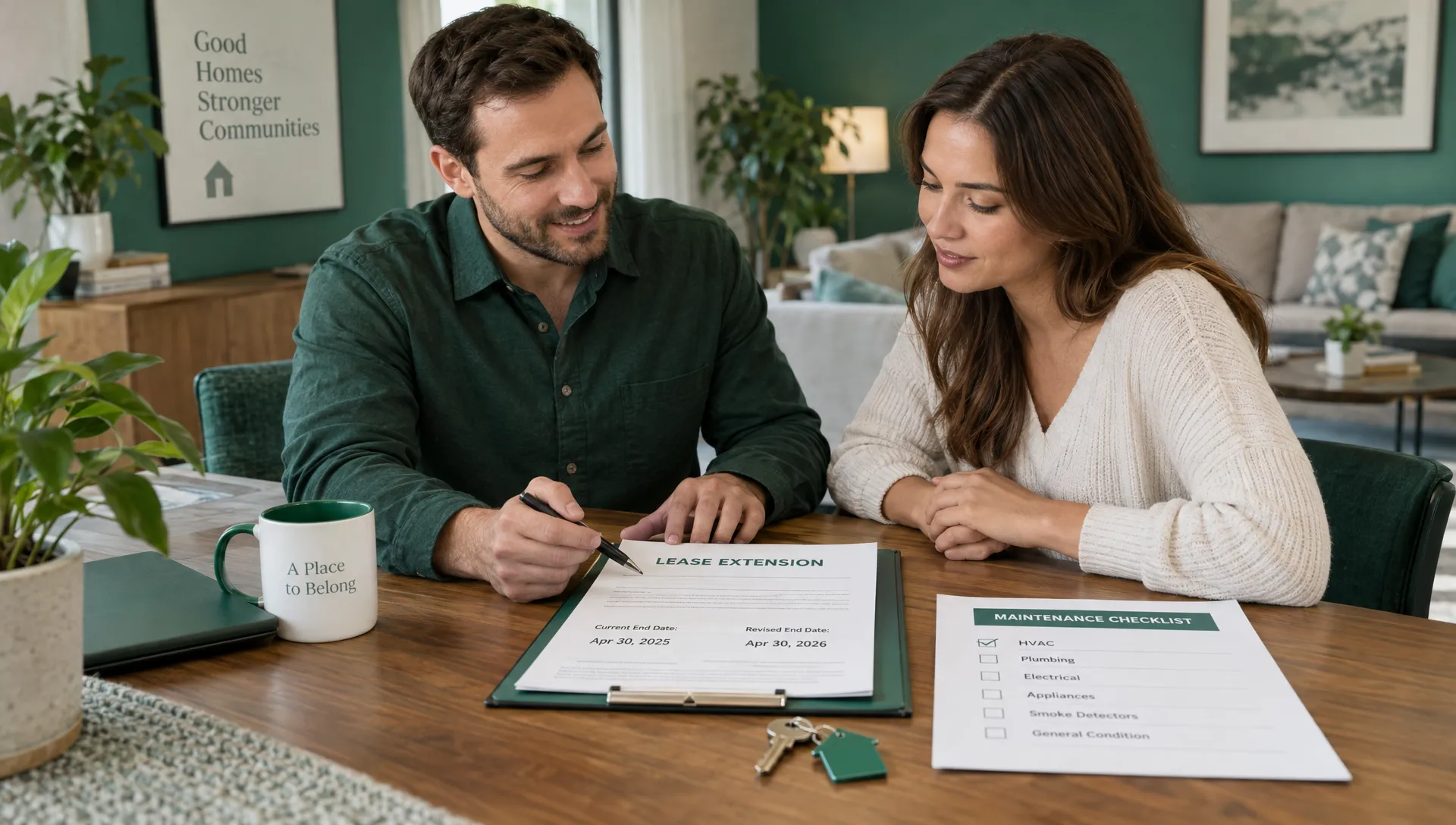 A property manager and tenant review the written extension terms at a furnished dining table, with the revised dates, keys and maintenance checklist nearby.