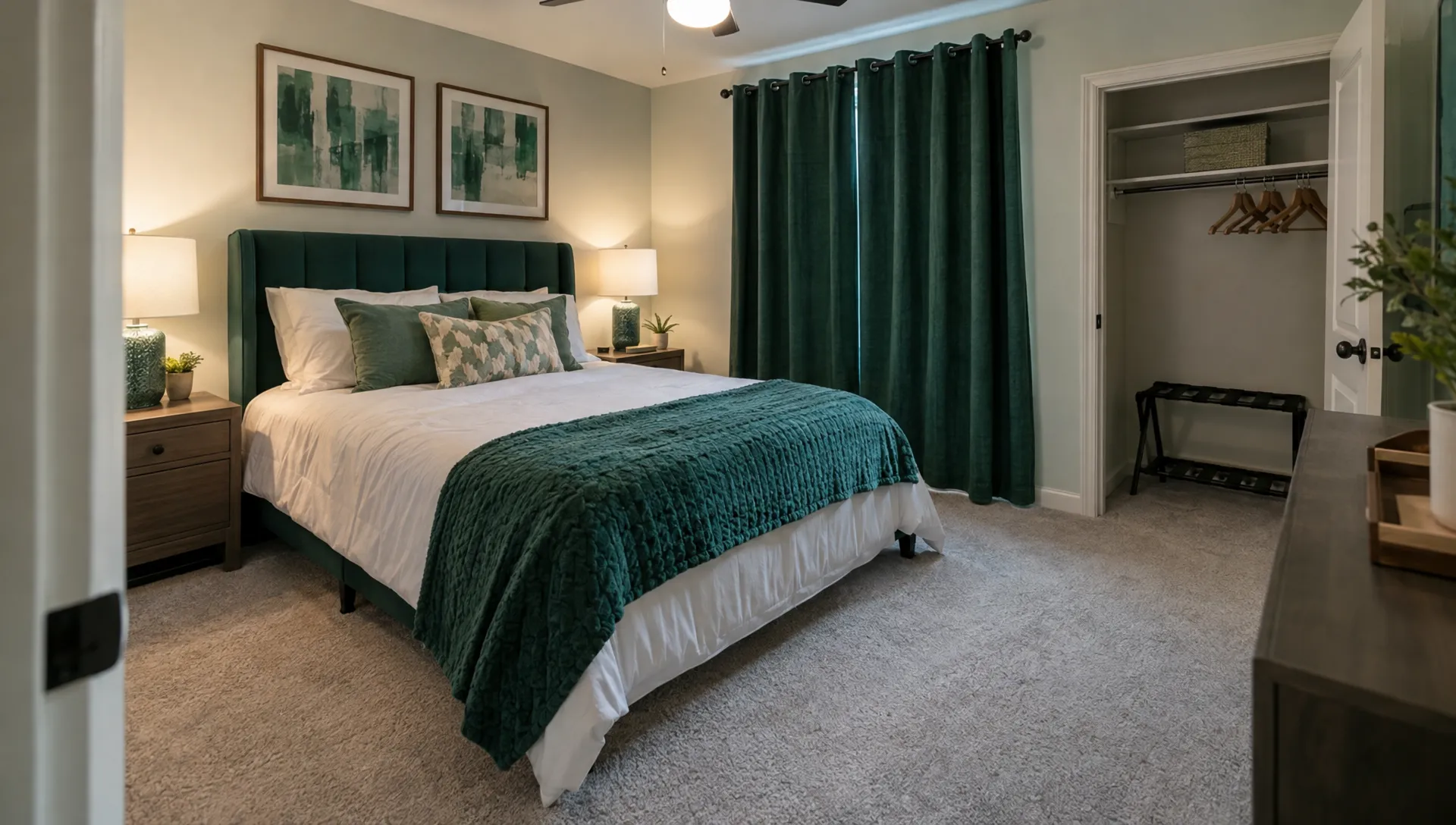 A furnished Houston rental bedroom has blackout curtains, a made bed and open closet space for a travel nurse's mid term housing stay.