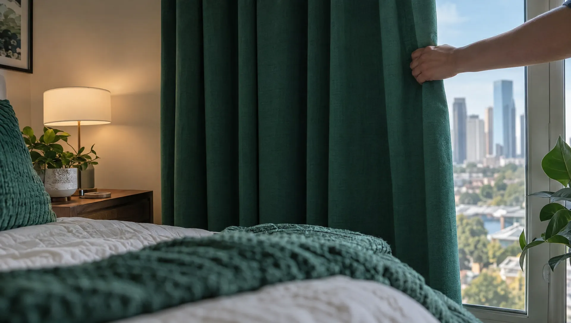 Blackout curtains cover a bedroom window in a furnished Houston rental, helping a traveling nurse rest between shifts.