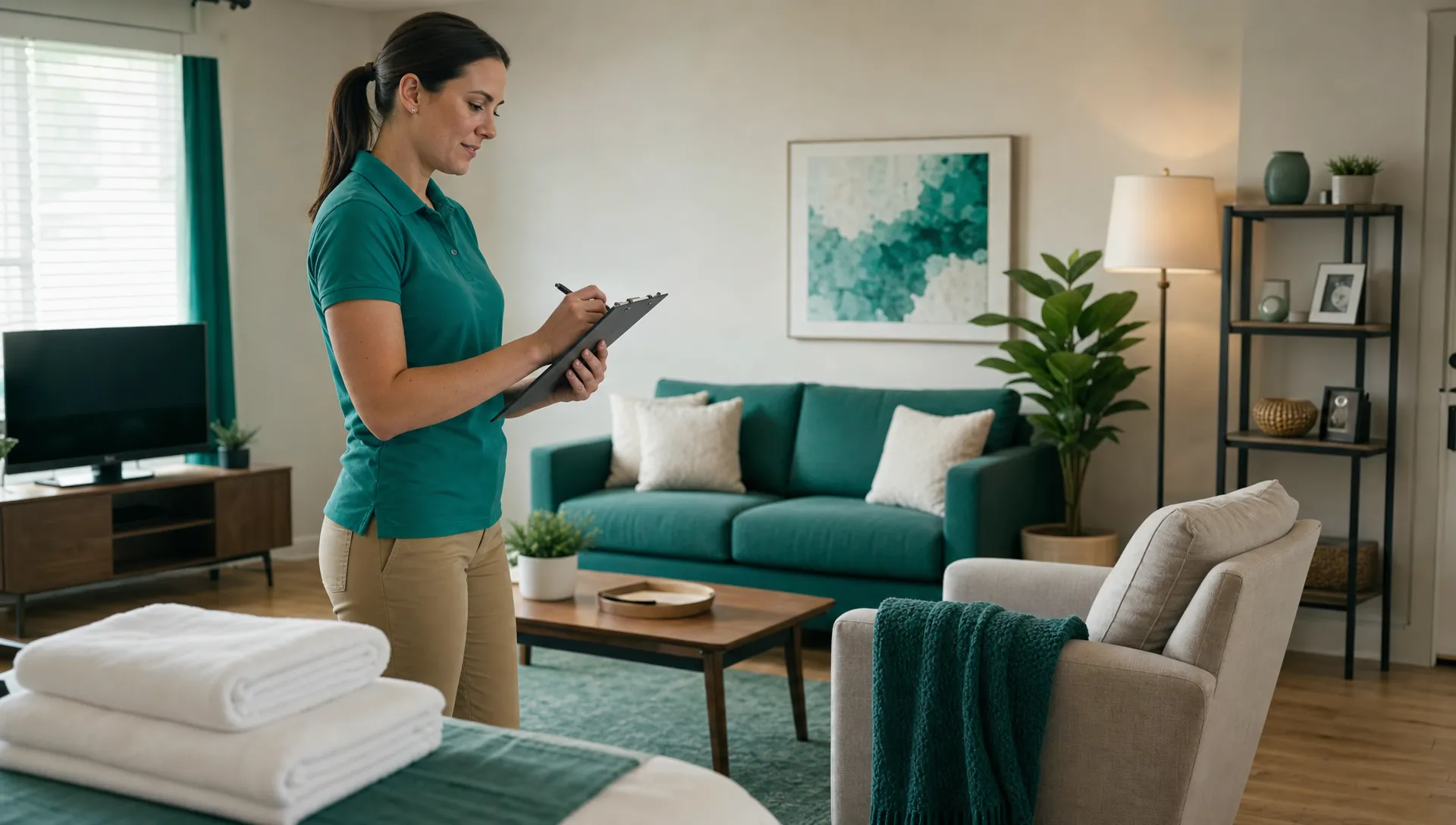 A property manager checks a maintenance list in a furnished rental living room with clean linens ready for the next resident.