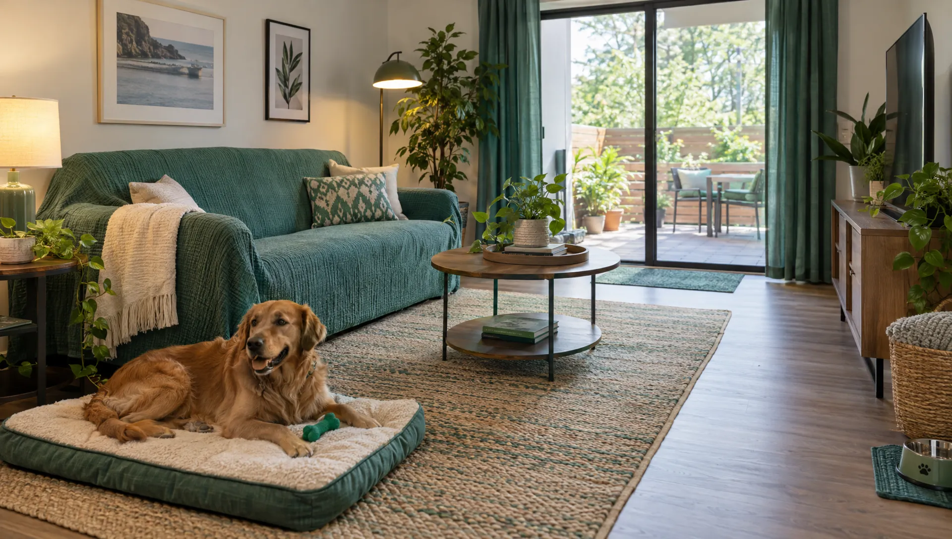 A dog rests beside a covered sofa in a furnished rental, with a clear path to the patio door for a planned pet stay.