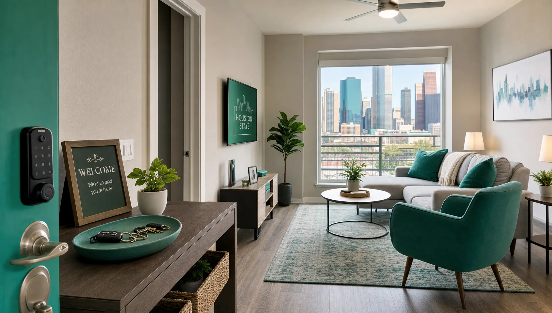 A furnished Houston living room with organized keys, a clean entry area and home details ready for a mid-term guest.
