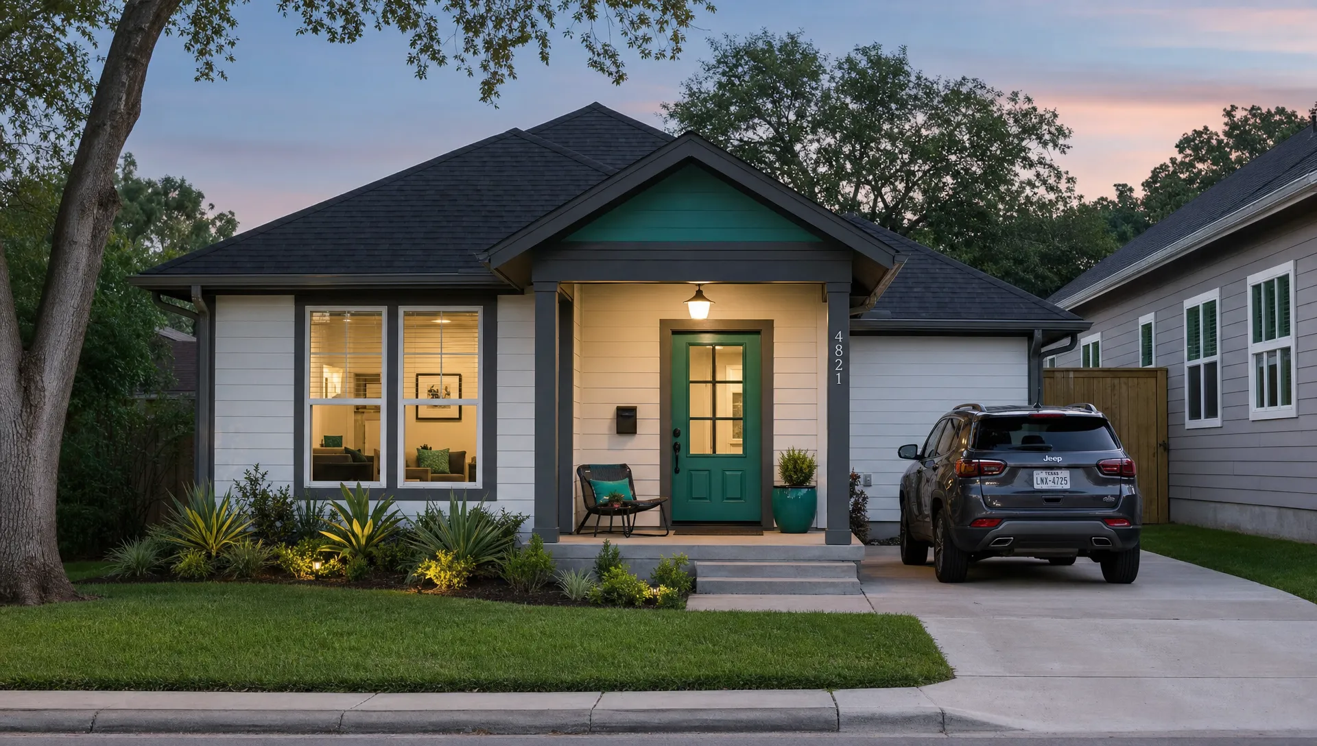 Wide landscape exterior of a furnished Houston rental home at dusk, with the front porch, driveway, windows and a parked SUV visible, and a subtle furnished-home look through the glass; no people, real neighborhood context, calm and orderly, eye-level street view.
