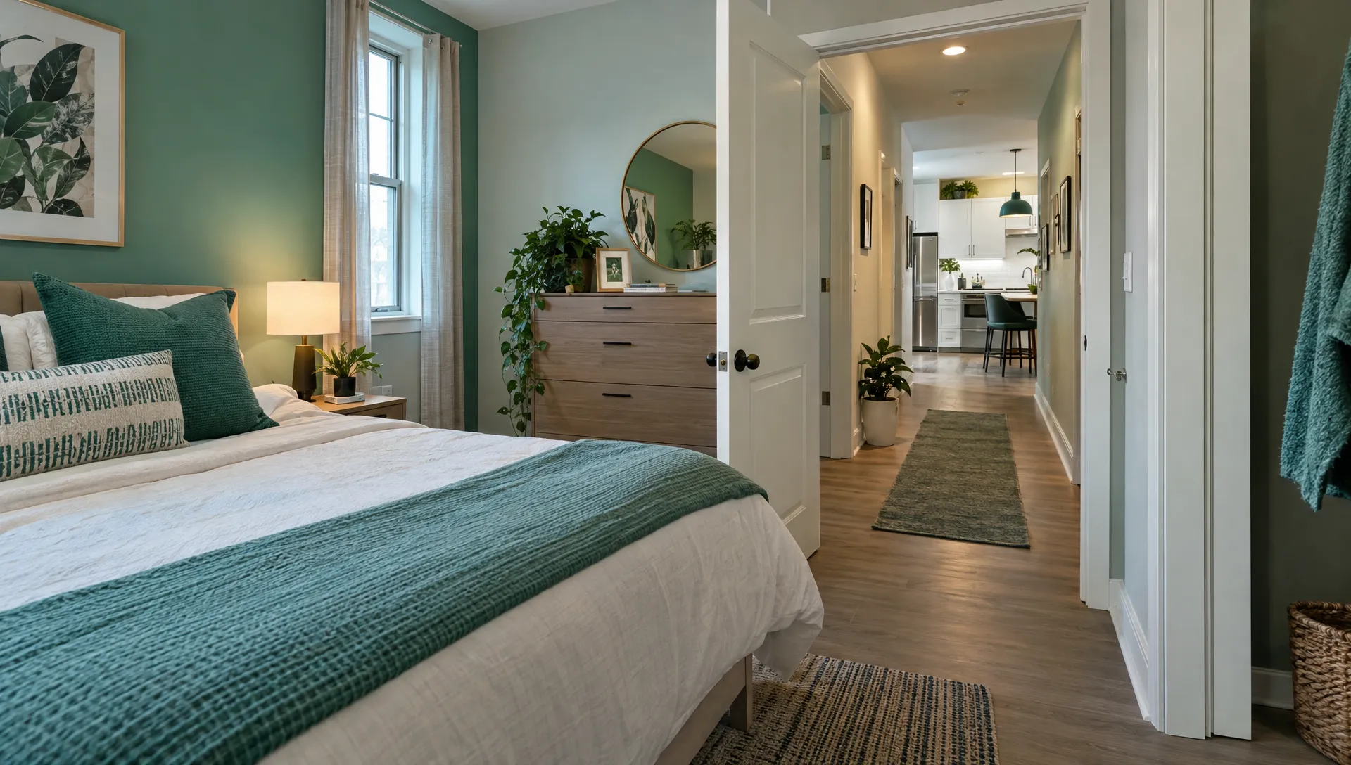 A furnished private bedroom opens onto a shared hallway, with the communal kitchen visible beyond for monthly room renters.
