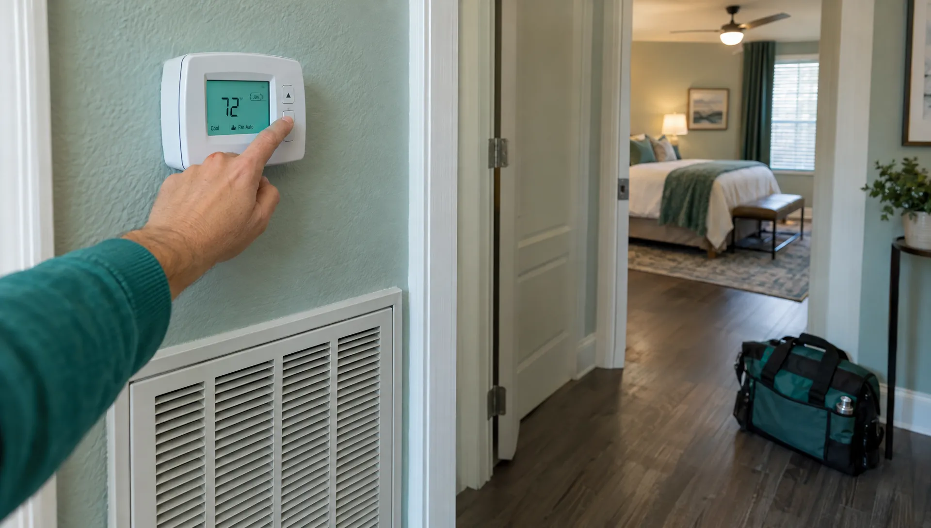A hand checks a home thermostat beside an air vent, highlighting practical property details to assess before buying a furnished rental.