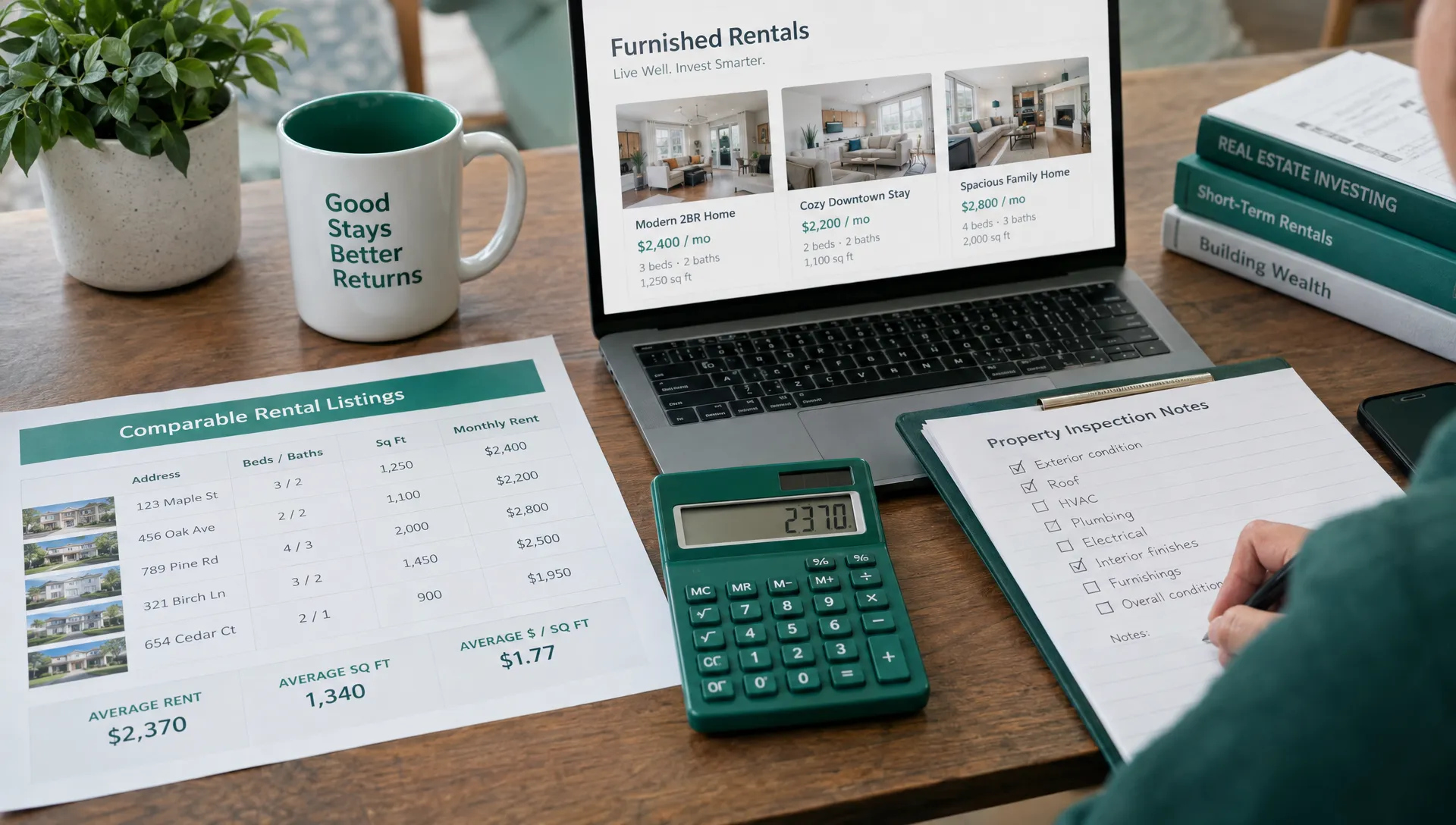 Printed comparable rental listings, a calculator and inspection notes lie spread across a table as an investor evaluates a furnished home purchase.