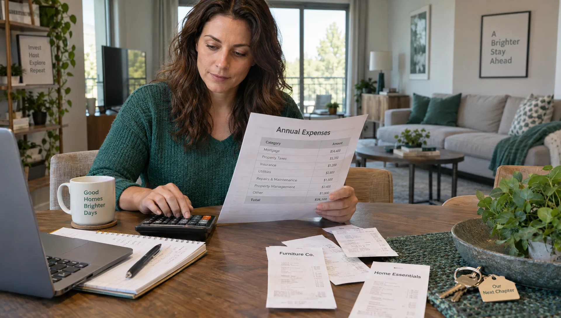 A rental owner checks an expense worksheet and calculator beside furniture receipts while budgeting furnished mid term rentals.