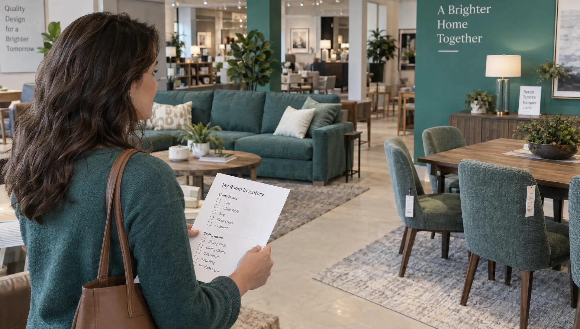 A property owner compares furniture in a showroom while planning the setup budget for a furnished rental.