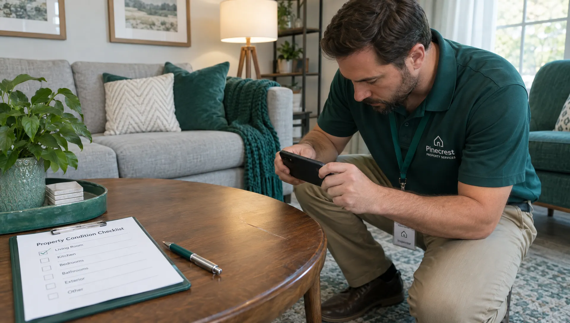 An inspector photographs a pre-existing scratch on a coffee table while documenting a furnished home for mid term rental property management.