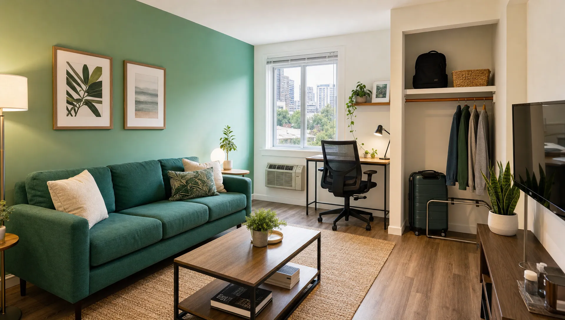 A furnished living room with a sofa, work desk, luggage space and household essentials ready for a long term stay Airbnb guest.