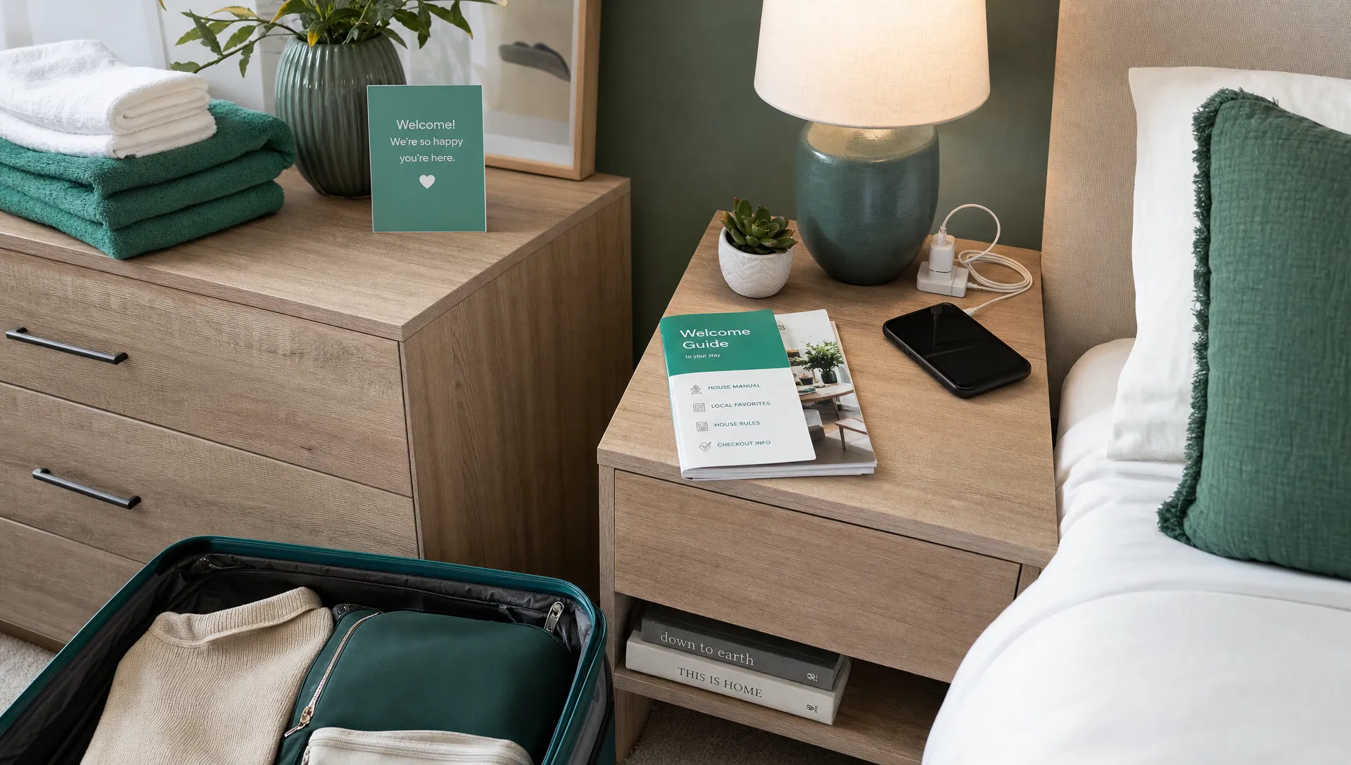 Tight close-up of a guest-ready bedroom dresser and bedside table inside a furnished rental, with folded towels, a lamp, charging cable, and a small stack of welcome materials arranged beside an open suitcase on the floor; the room feels prepared for a multi-week stay.