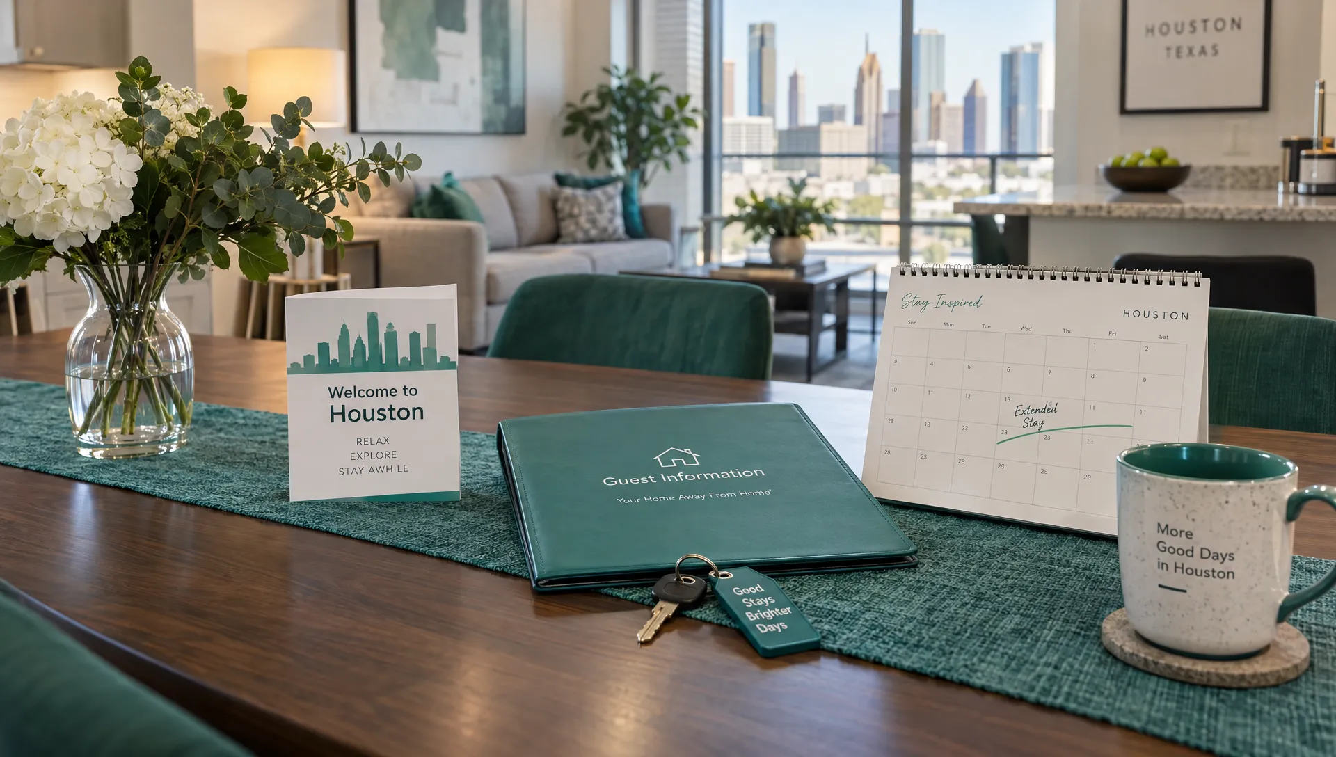 A furnished Houston rental’s dining area with an extended-stay calendar, keys, and a guest information folder arranged on the table.